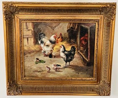 French Hens & Chicken Oil Painting in the Manner of Claude Guilleminet, Signed