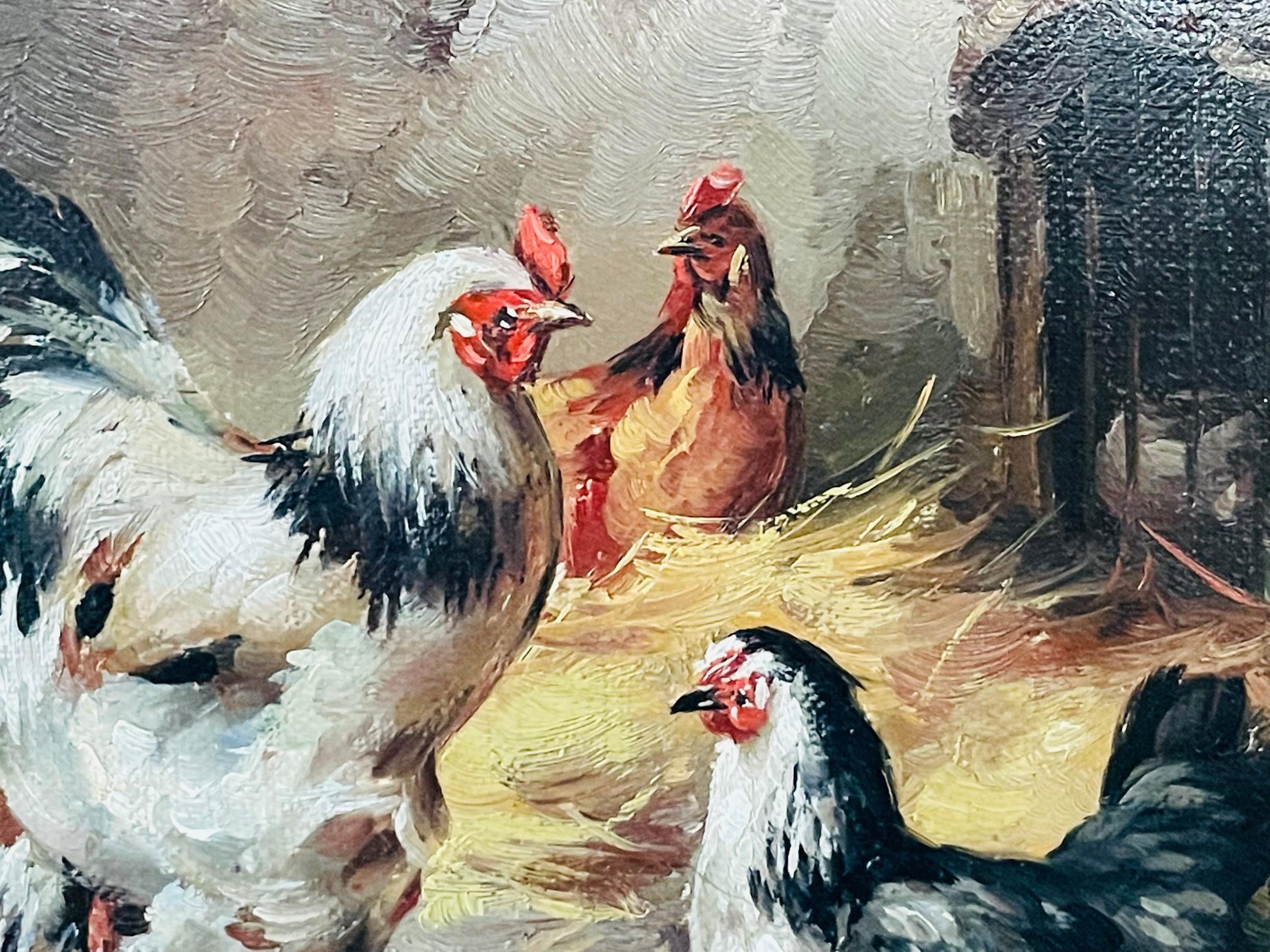 Country Poules françaises & Poulet Peinture à l'huile à la manière de Claude Guilleminet:: signé