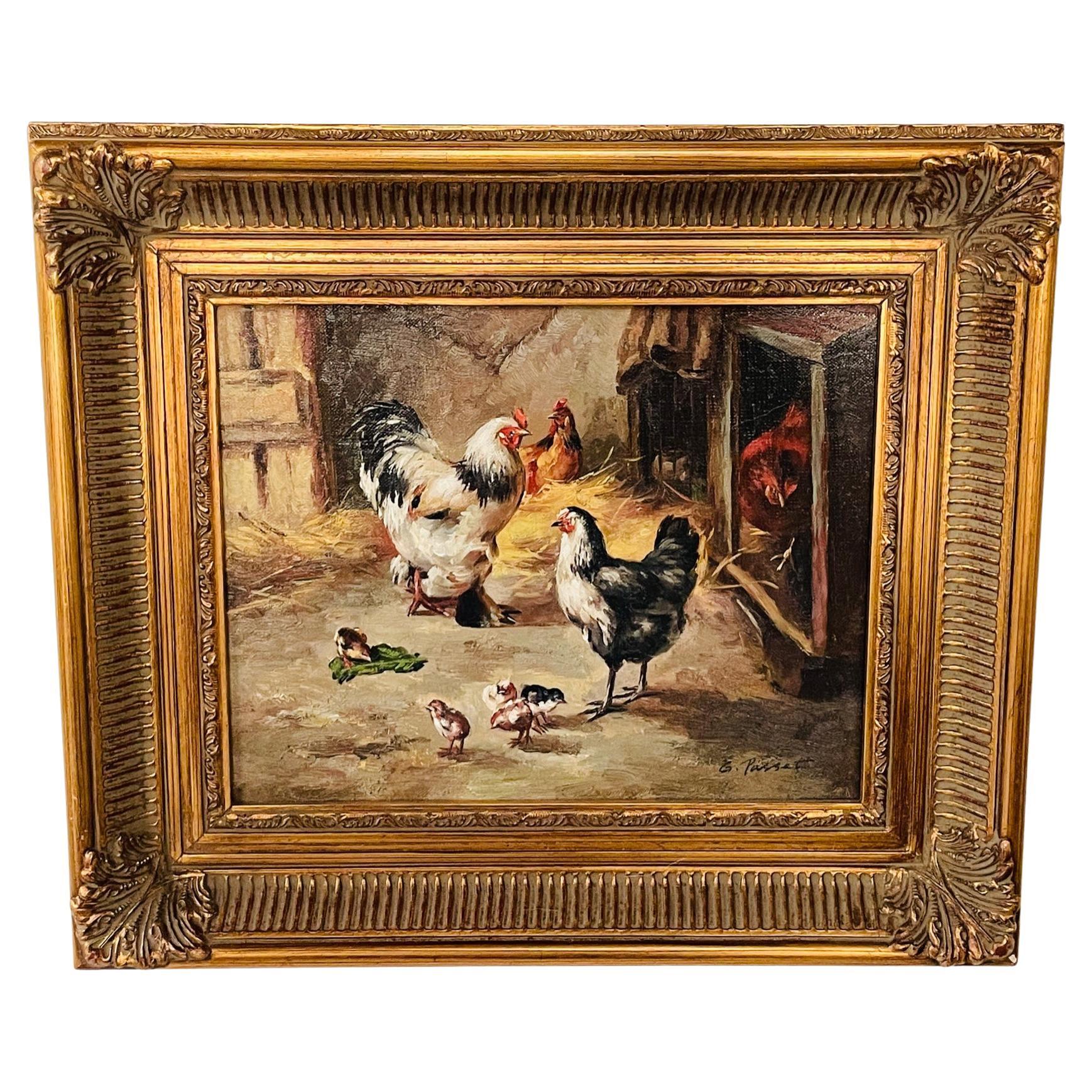 Vintage Farm Animal Rooster Chicken Portrait Oil Painting Artist Signed  Framed .br