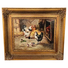 Vintage French Hens & Chicken Oil Painting in the Manner of Claude Guilleminet, Signed