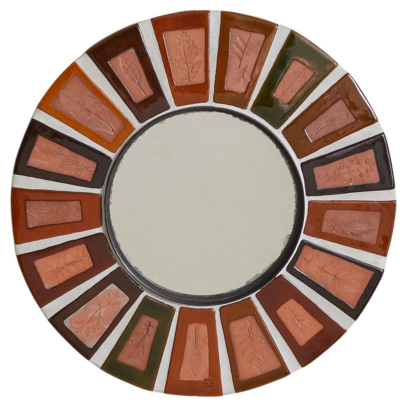 French ‘Herbier’ Ceramic Sunburst Wall Mirror by Roger Capron, 1970s en venta
