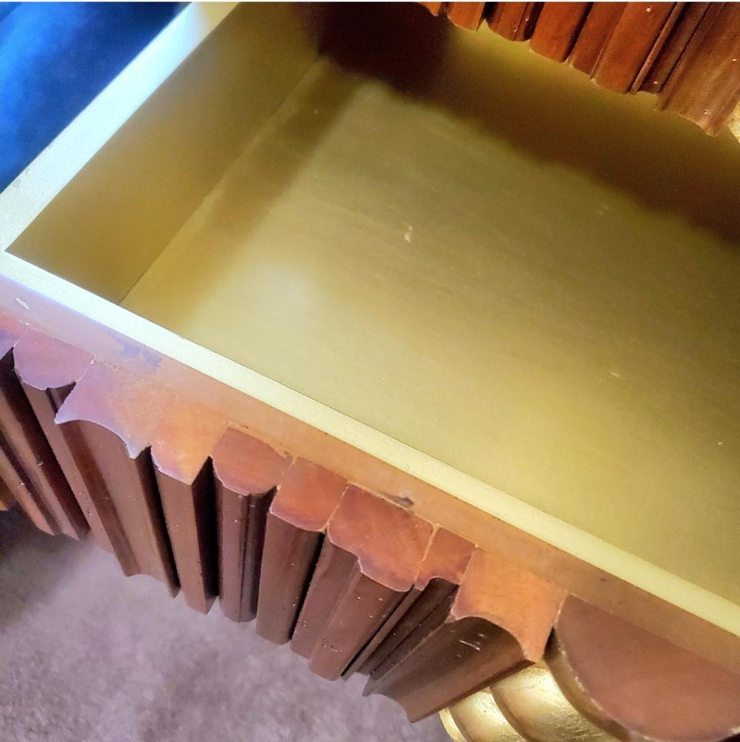 Beautiful example of a semanier.
Made by French Heritage, a custom American furniture company.
These are only made to order and take months to get.
Gold painted drawers.
Solid wood.
Sturdy, stylish legs.
Looks like brutalist, mid century and