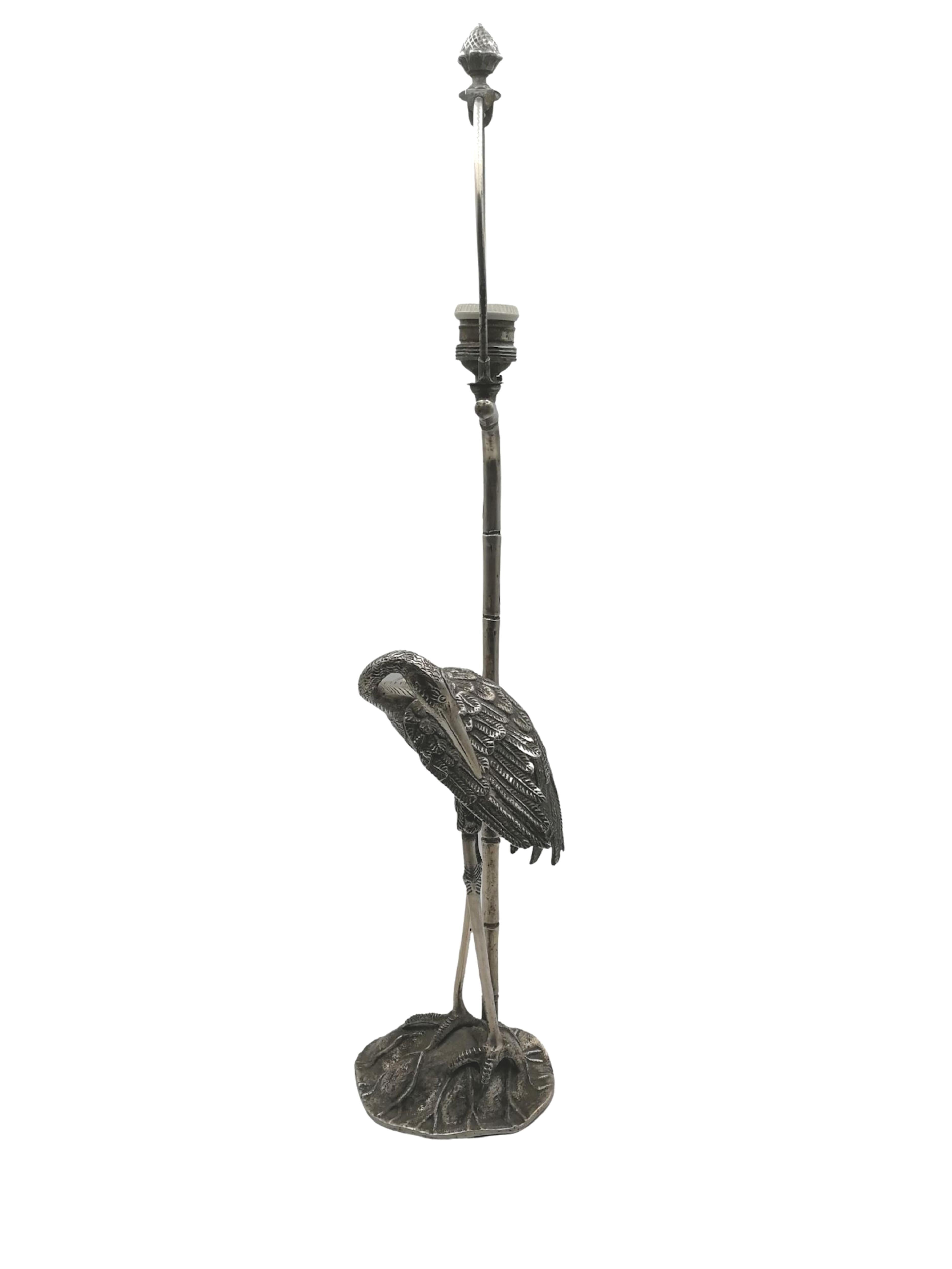Stunning Art Deco silver plated bronze lamp of a heron, with faux bamboo shade support designed by the prestigious French Maison Baguès of Paris, circa 1940. 
Sold without the shade.
Bedside lamp or table lamp.
Very decorative.
Very elegant