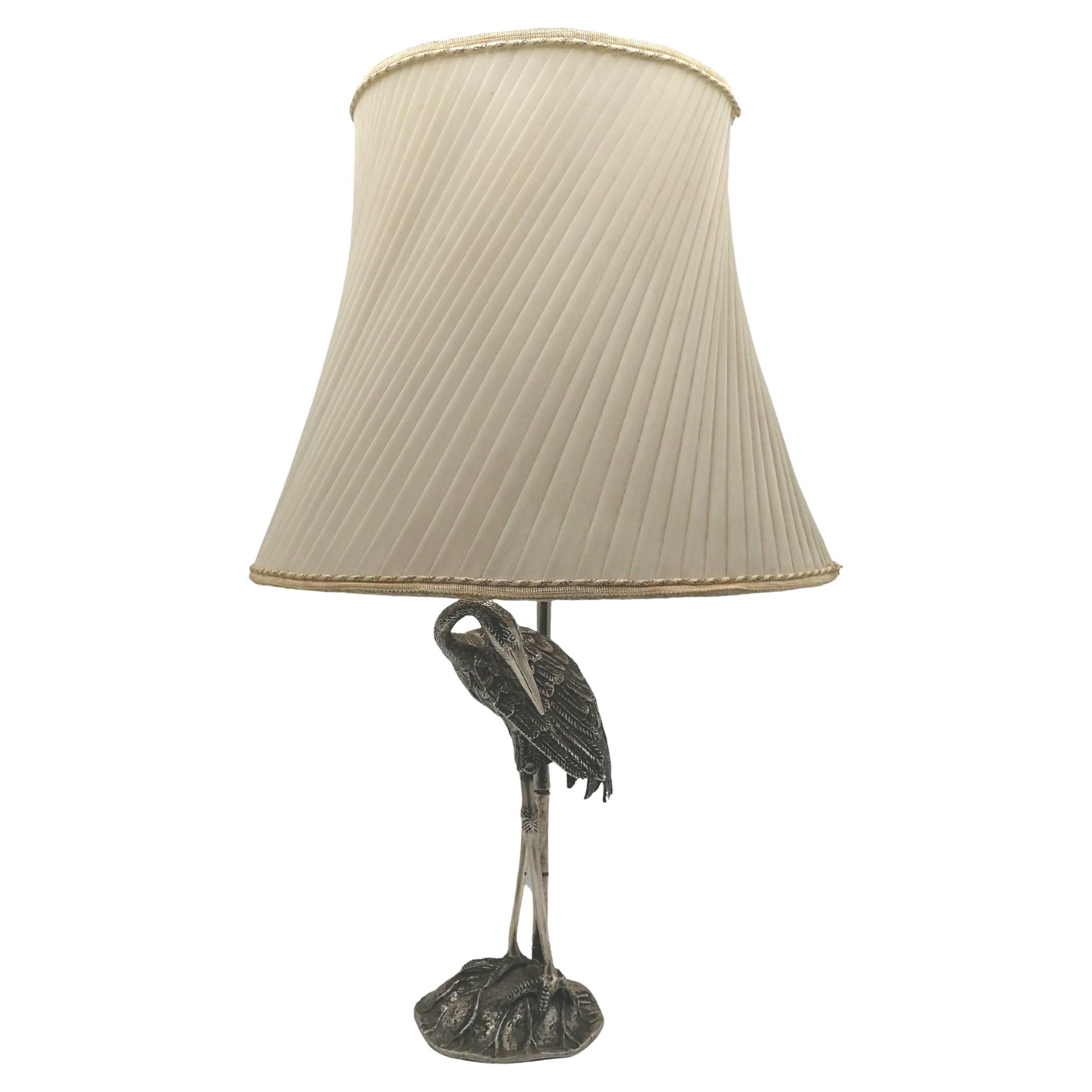 French Heron Lamp by Maison Baguès, Silver Plated Bronze, Art Deco, 1940