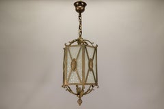 French Hexagonal Bronze and Frosted Textured Glass Hanging Lantern, 1920s