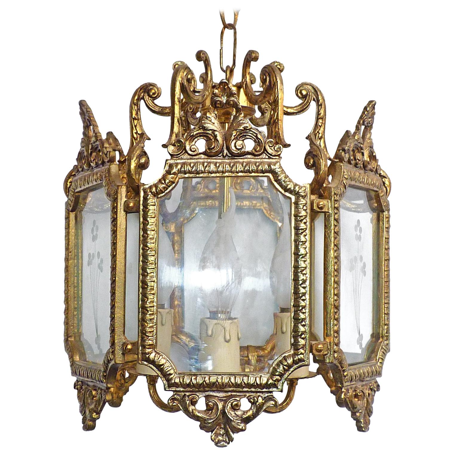 French Hexagonal Empire Gilt Bronze & Etched Glass 3-Light Lantern or Chandelier For Sale 4