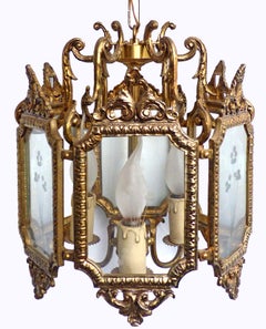 French Hexagonal Empire Gilt Bronze & Etched Glass 3-Light Lantern or Chandelier