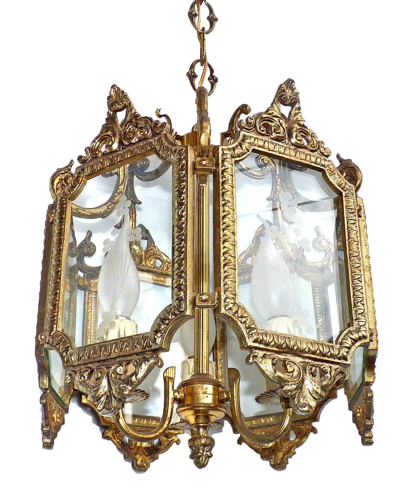 Cast French Hexagonal Empire Gilt Bronze & Etched Glass 3-Light Lantern or Chandelier For Sale