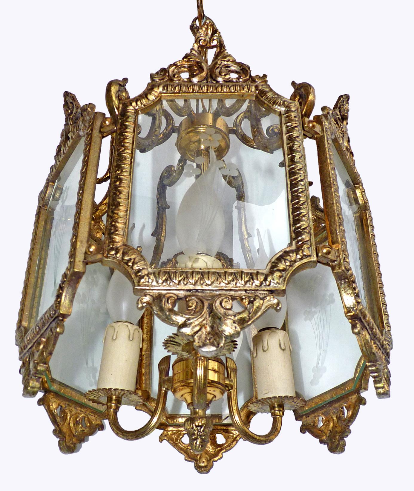French Hexagonal Empire Gilt Bronze & Etched Glass 3-Light Lantern or Chandelier In Excellent Condition For Sale In Coimbra, PT