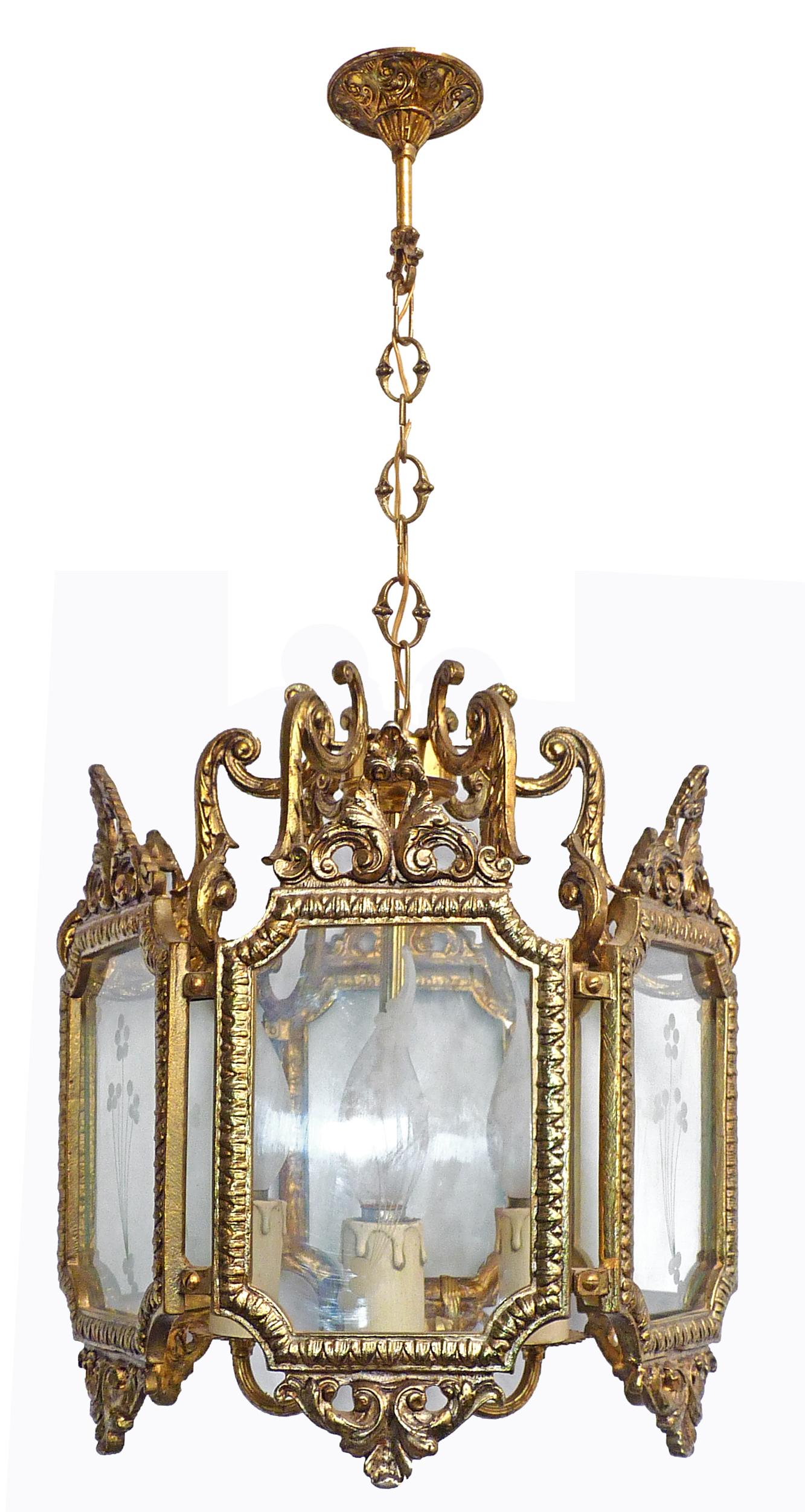 20th Century French Hexagonal Empire Gilt Bronze & Etched Glass 3-Light Lantern or Chandelier For Sale