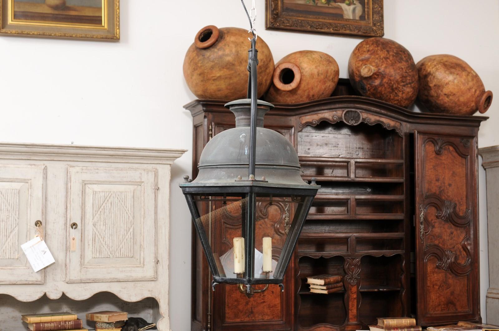 French Hexagonal Three-Light Copper Lanterns with Domed Tops, Sold Each For Sale 7