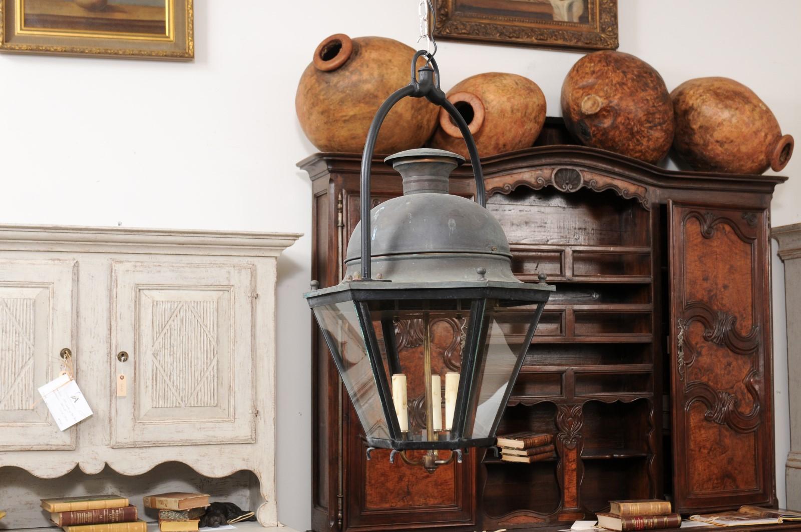 French Hexagonal Three-Light Copper Lanterns with Domed Tops, Sold Each For Sale 8