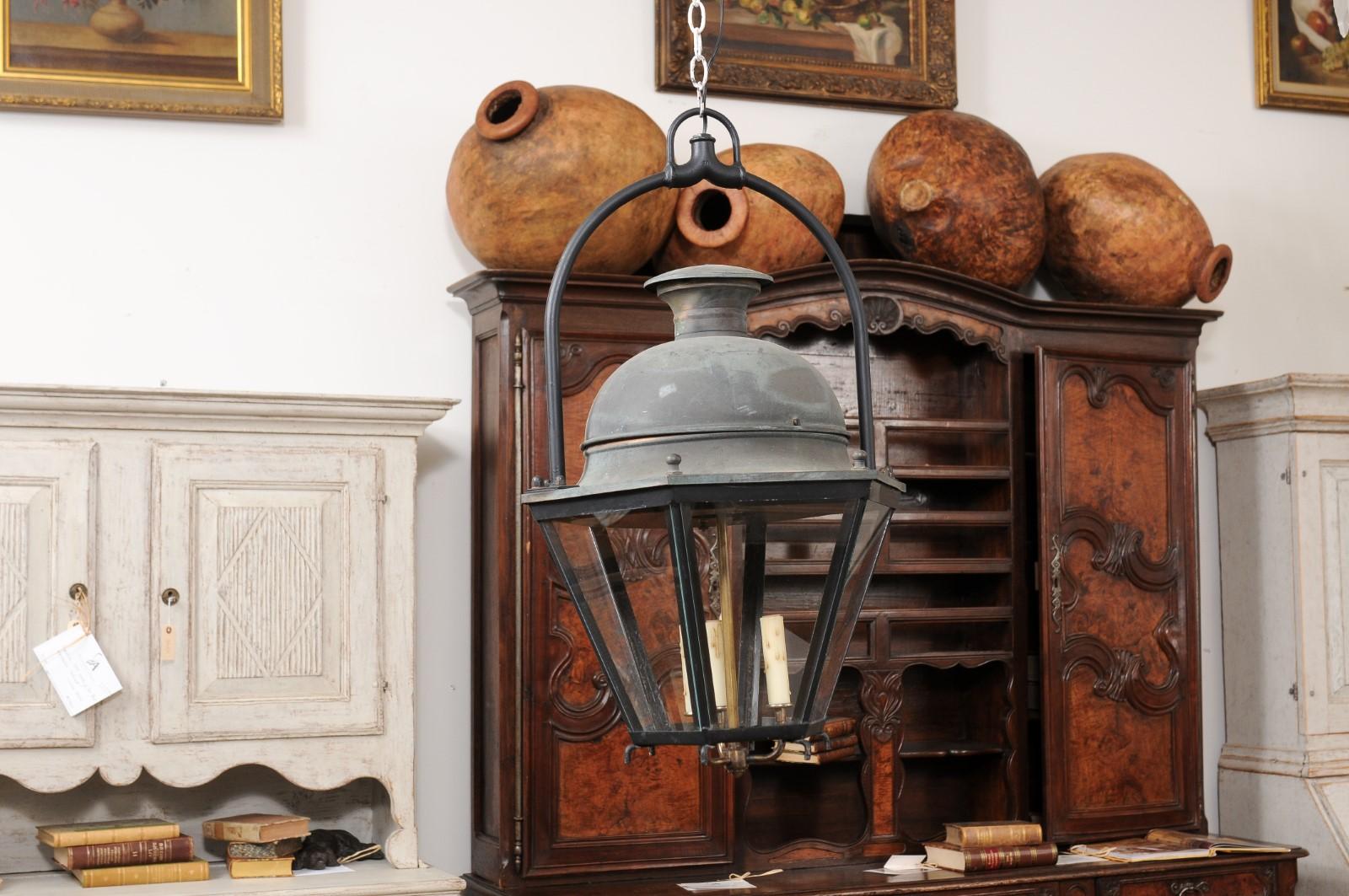 French Hexagonal Three-Light Copper Lanterns with Domed Tops, Sold Each For Sale 2