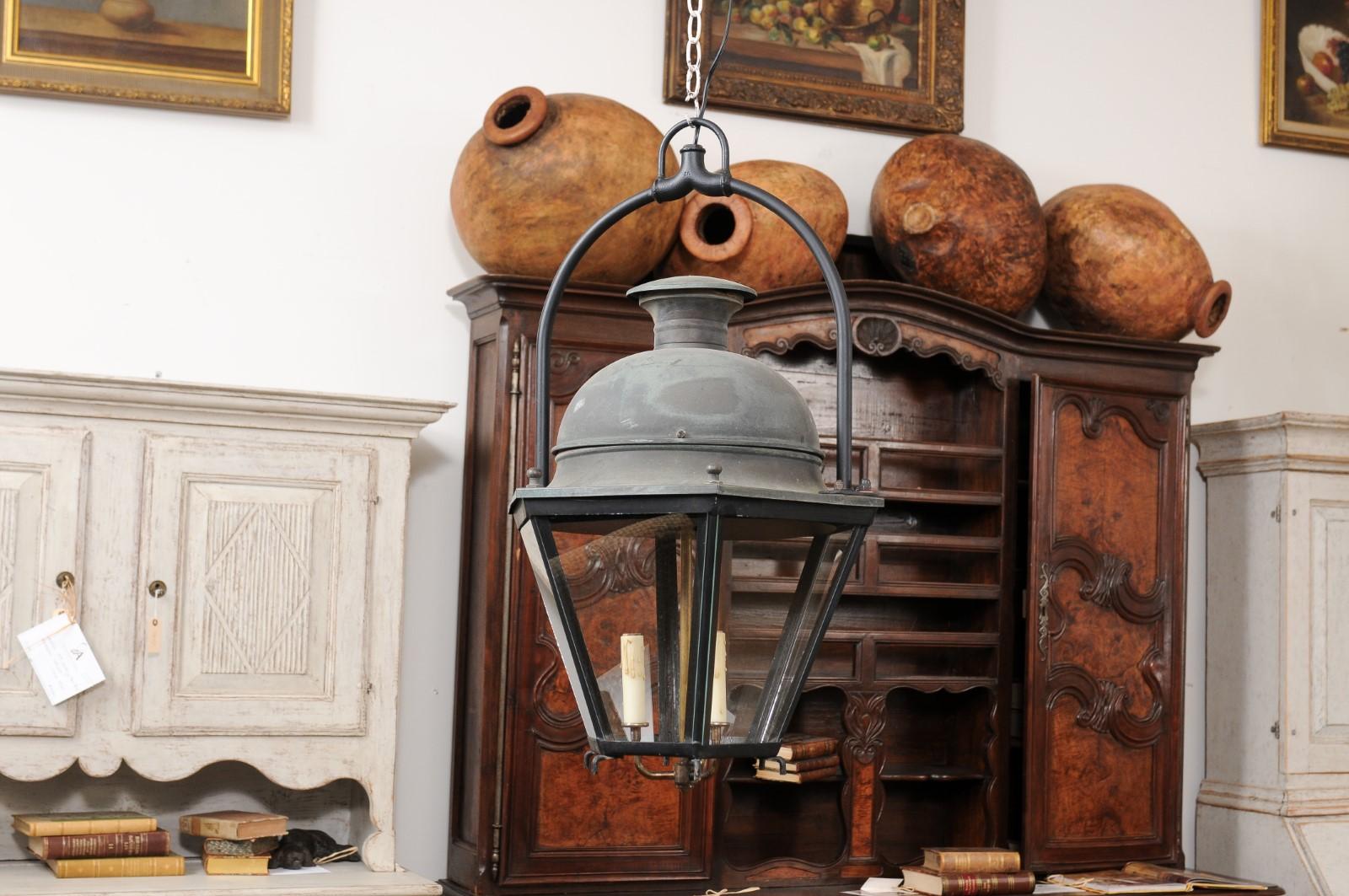 French Hexagonal Three-Light Copper Lanterns with Domed Tops, Sold Each For Sale 3