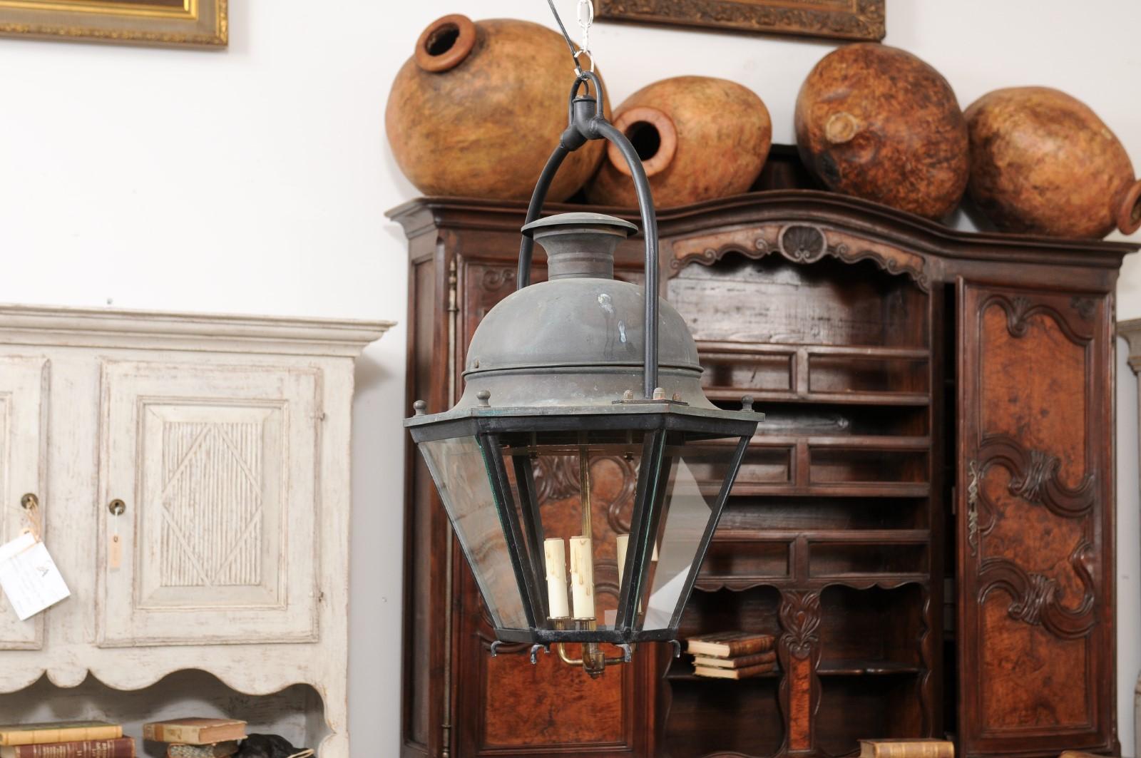 French Hexagonal Three-Light Copper Lanterns with Domed Tops, Sold Each For Sale 4
