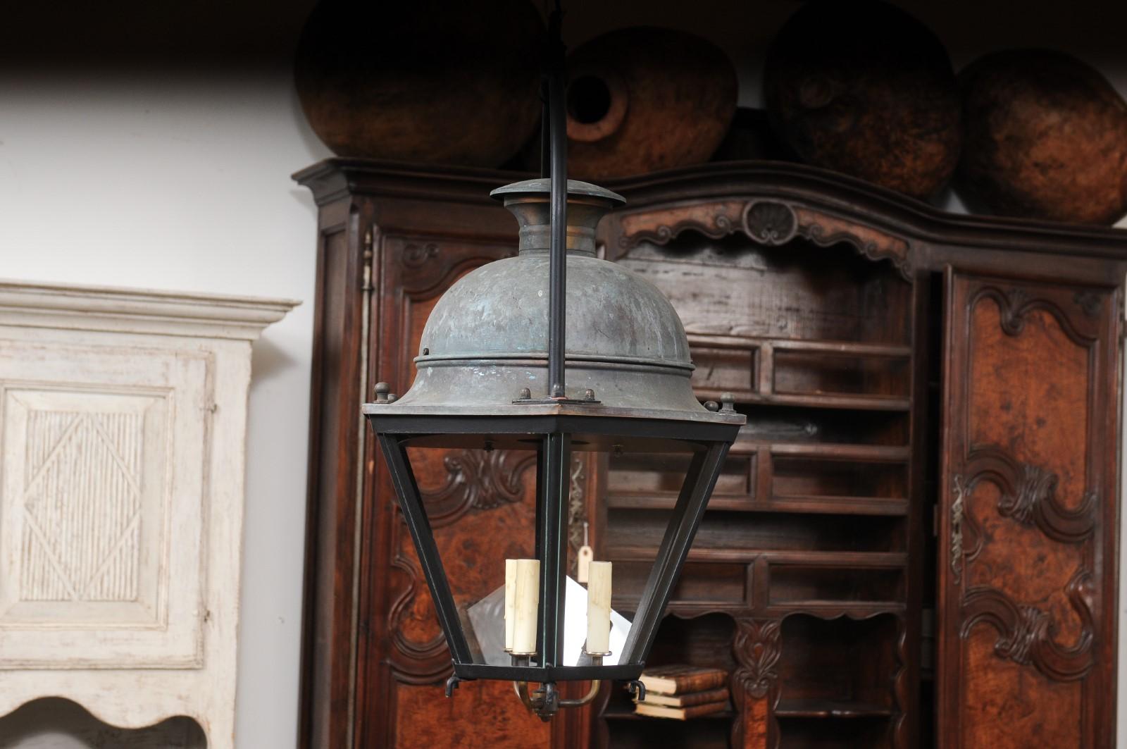 French Hexagonal Three-Light Copper Lanterns with Domed Tops, Two Sold Each For Sale 1