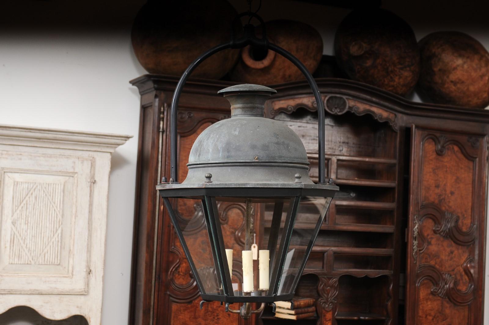 French Hexagonal Three-Light Copper Lanterns with Domed Tops, Two Sold Each For Sale 2