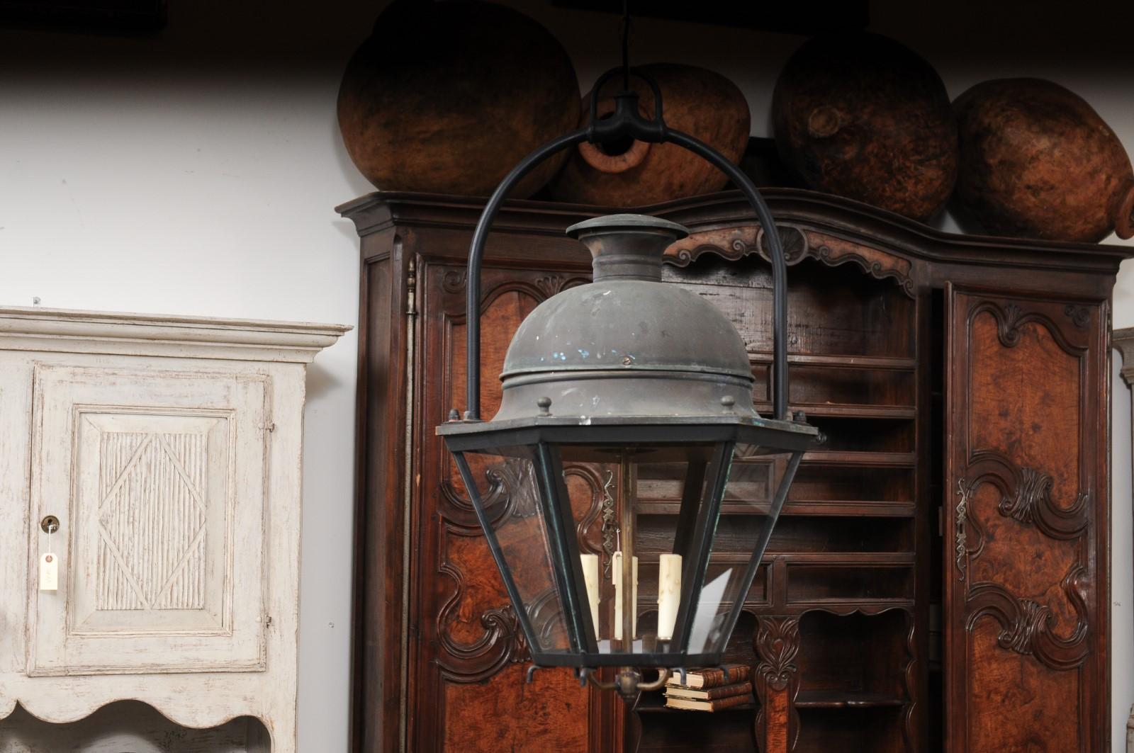 French Hexagonal Three-Light Copper Lanterns with Domed Tops, Two Sold Each For Sale 4