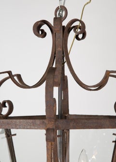 French Hexagonal Wrought Iron Hanging Lantern, 19th Century