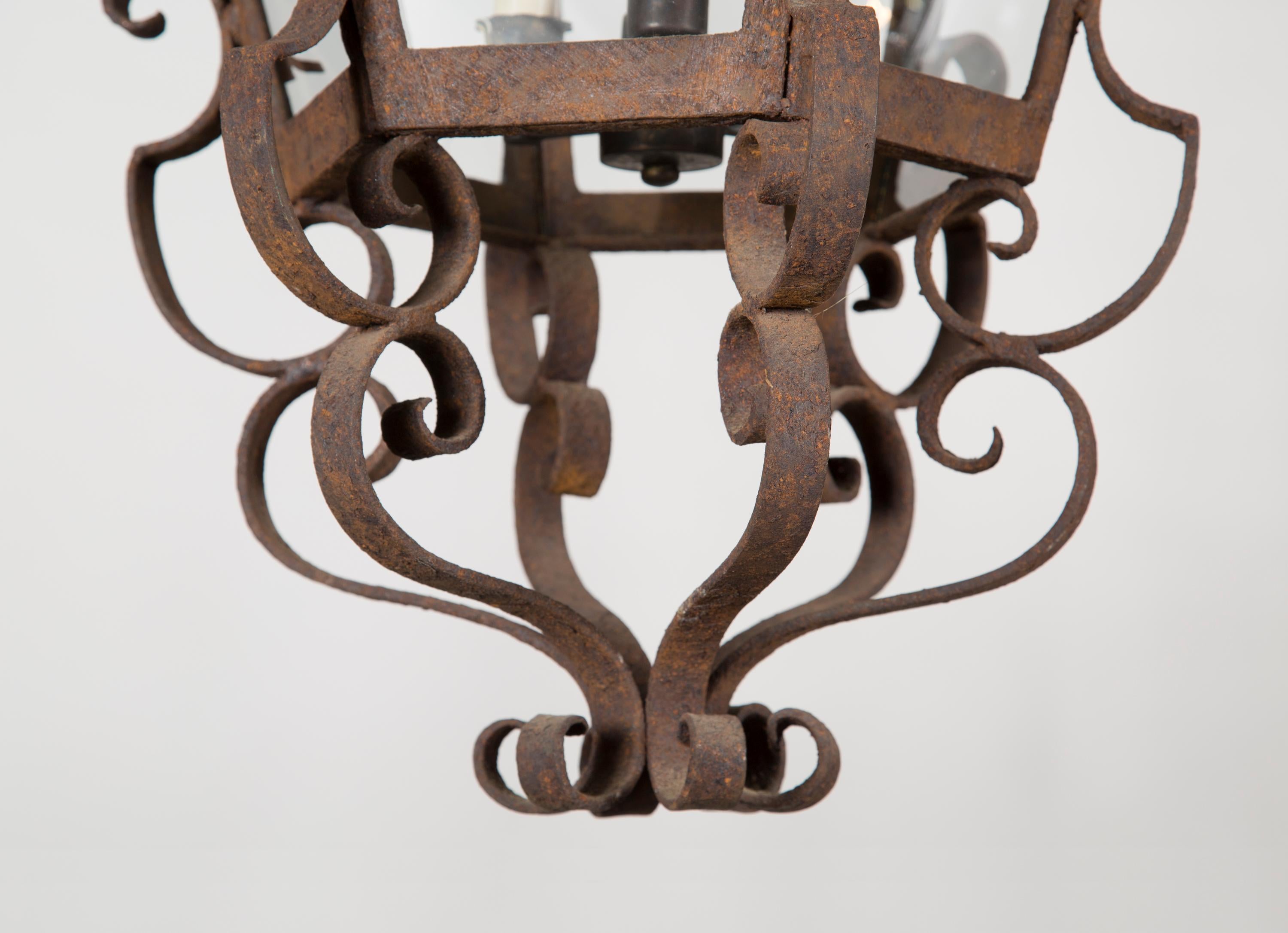 French Hexagonal Wrought Iron Hanging Lantern, 19th Century For Sale 1