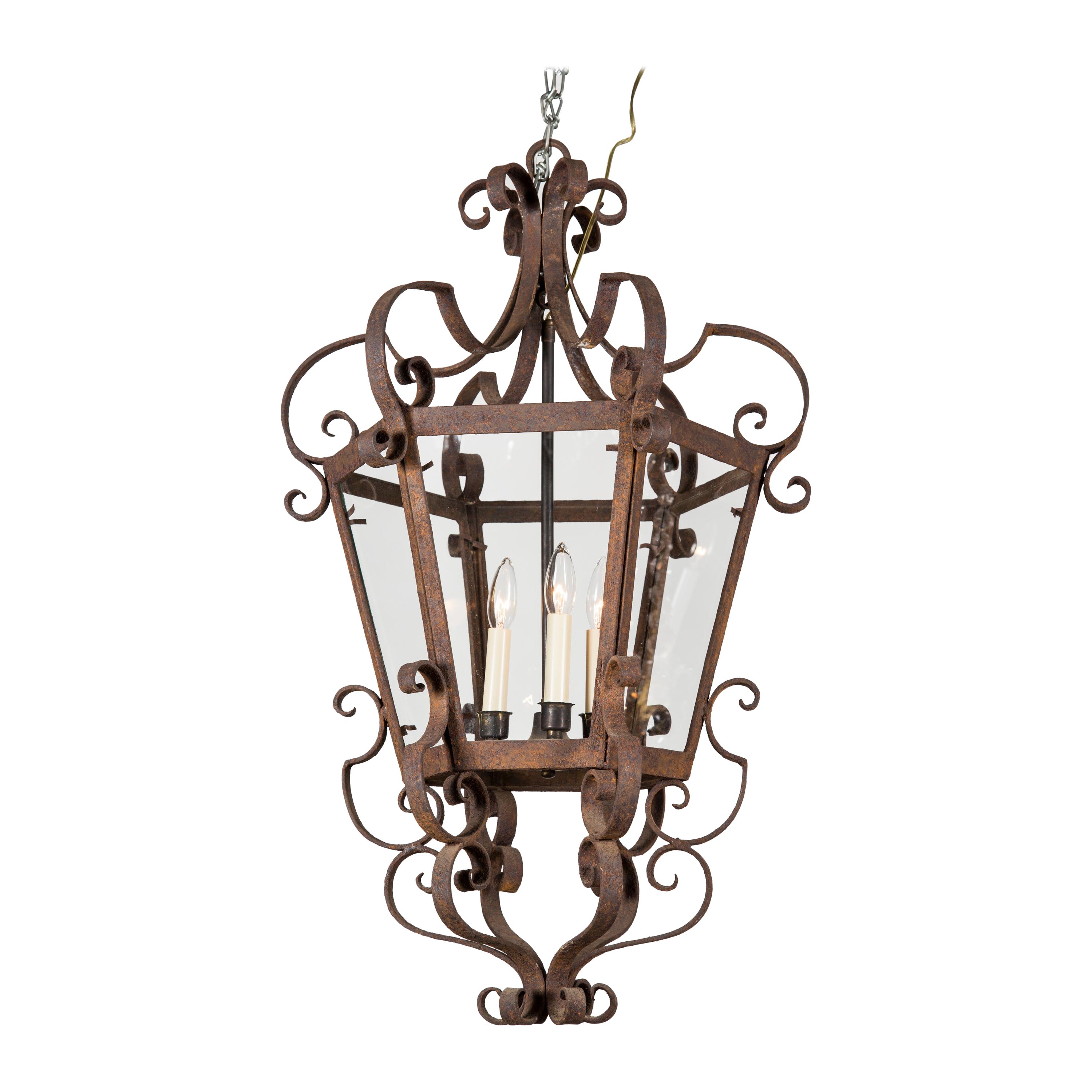 Lanterne suspendue hexagonale en fer forgé, 19e siècle
