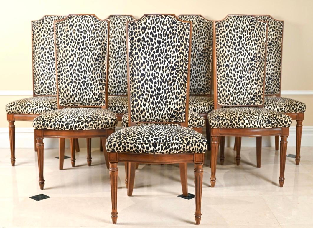 Fabric French High Back Leopard Print Ultra Suede Dining Chairs, Set of 8