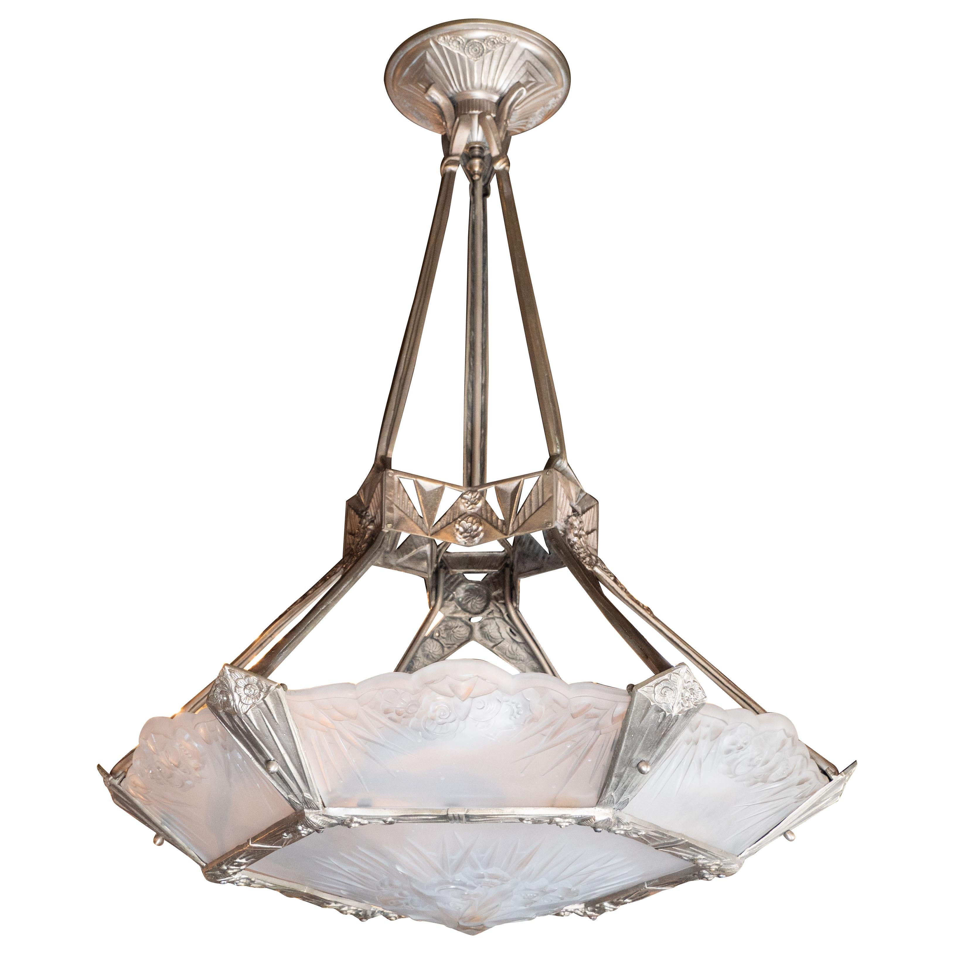 French Art Deco Cubist Silvered Bronze and Frosted Glass Chandelier 10