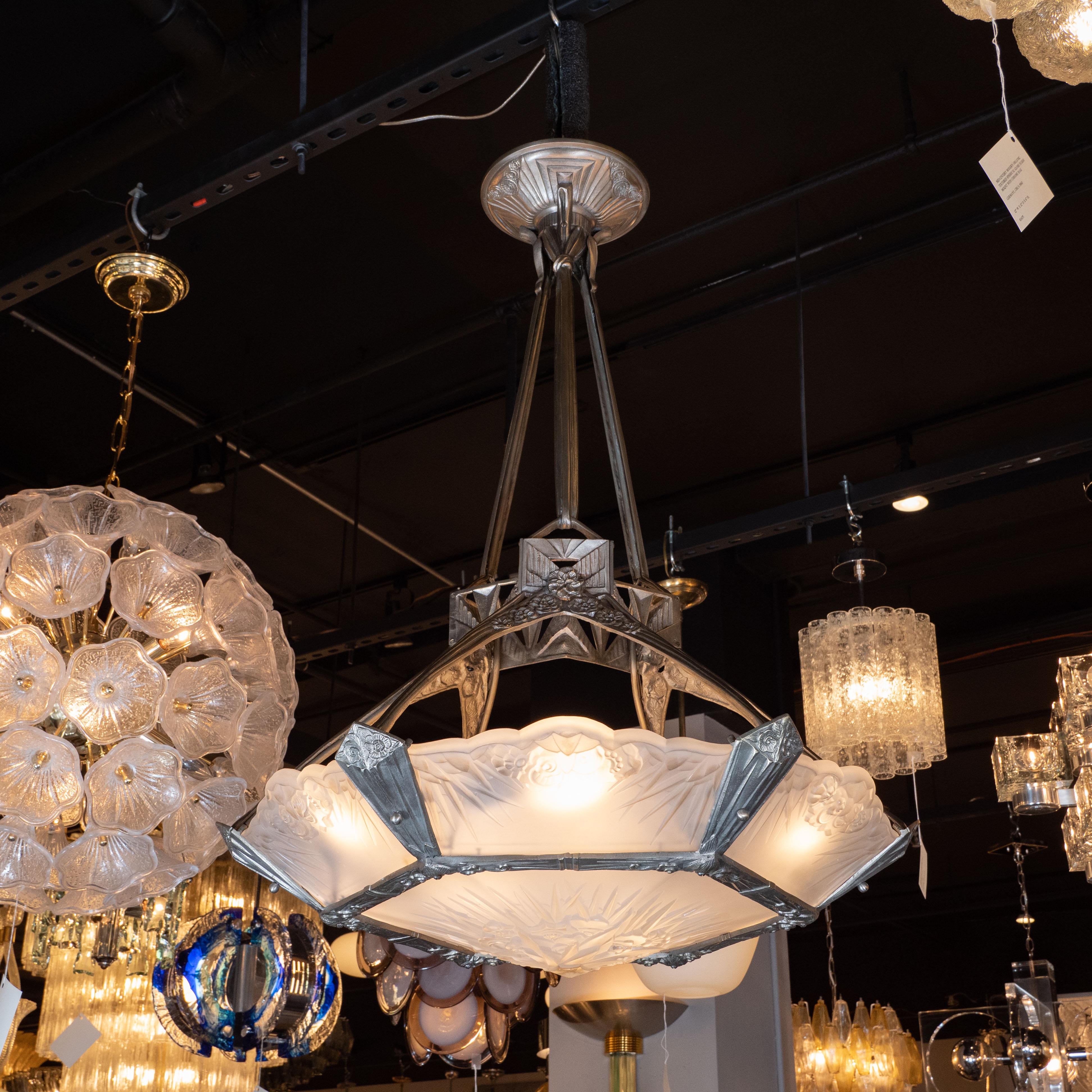 French Art Deco Cubist Silvered Bronze and Frosted Glass Chandelier In Excellent Condition In New York, NY
