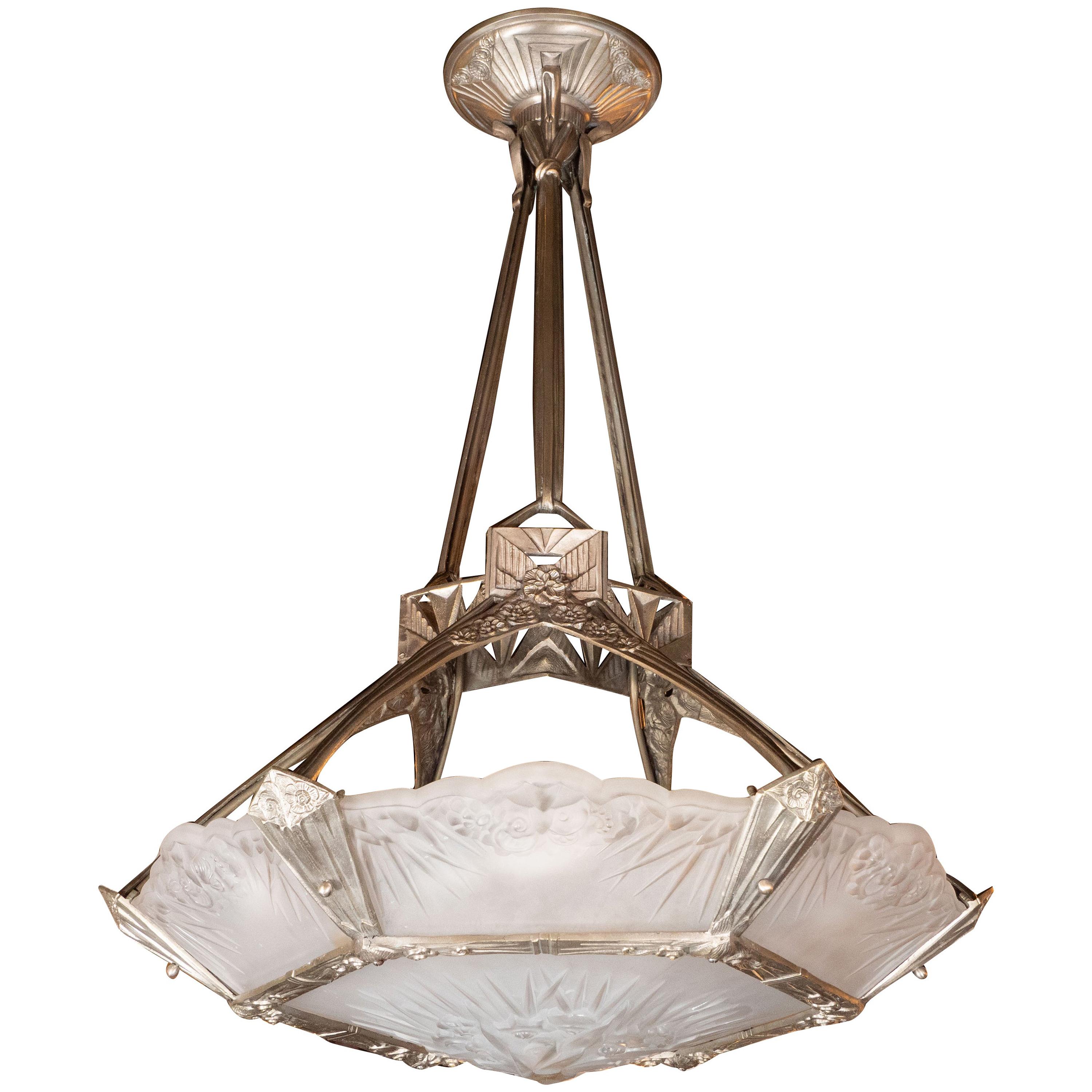 French Art Deco Cubist Silvered Bronze and Frosted Glass Chandelier