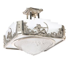French High Style Art Deco Nickeled Bronze & Etched Glass Chandelier
