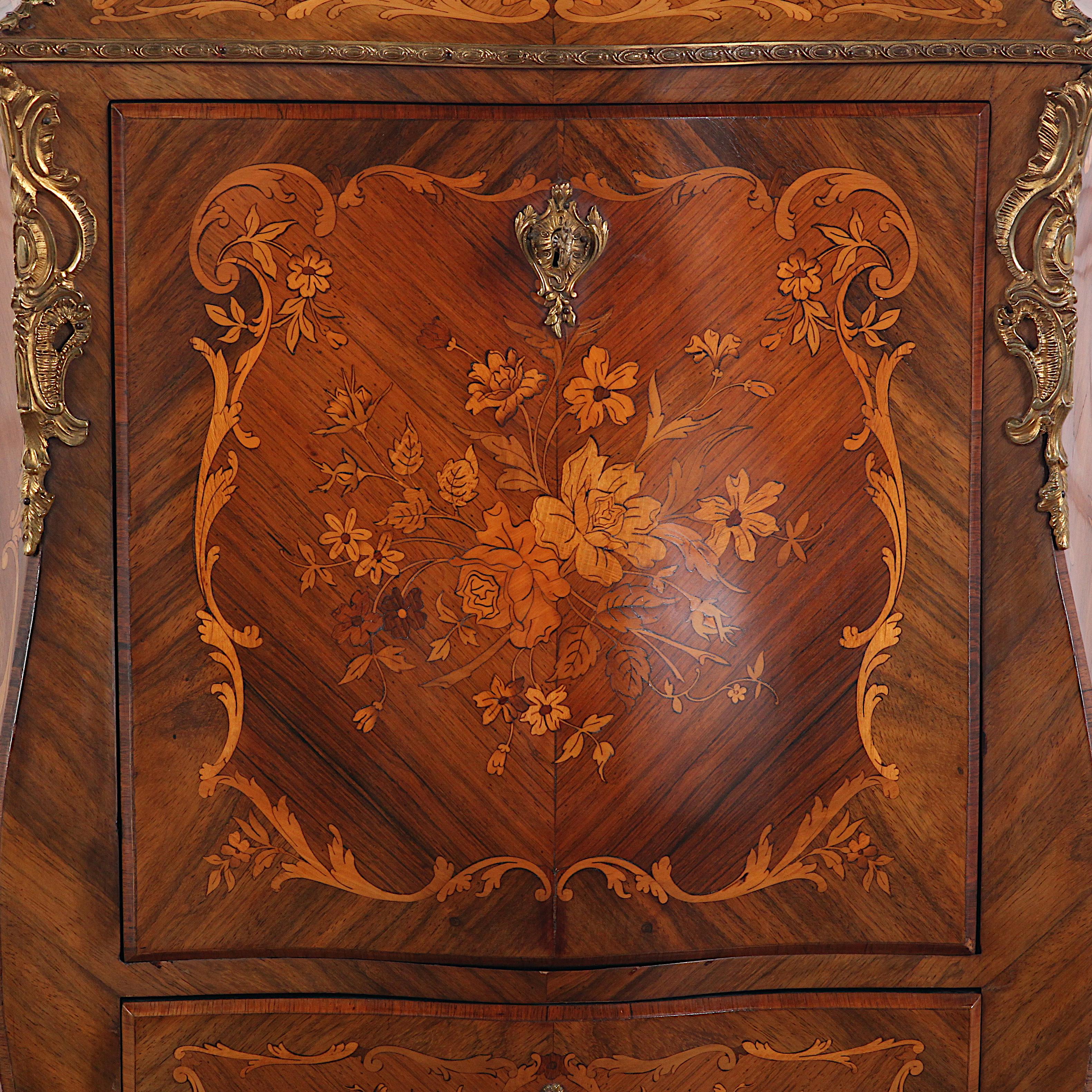 Veneer French Highly-Inlaid Bombe Louis XV Style Secrétaire