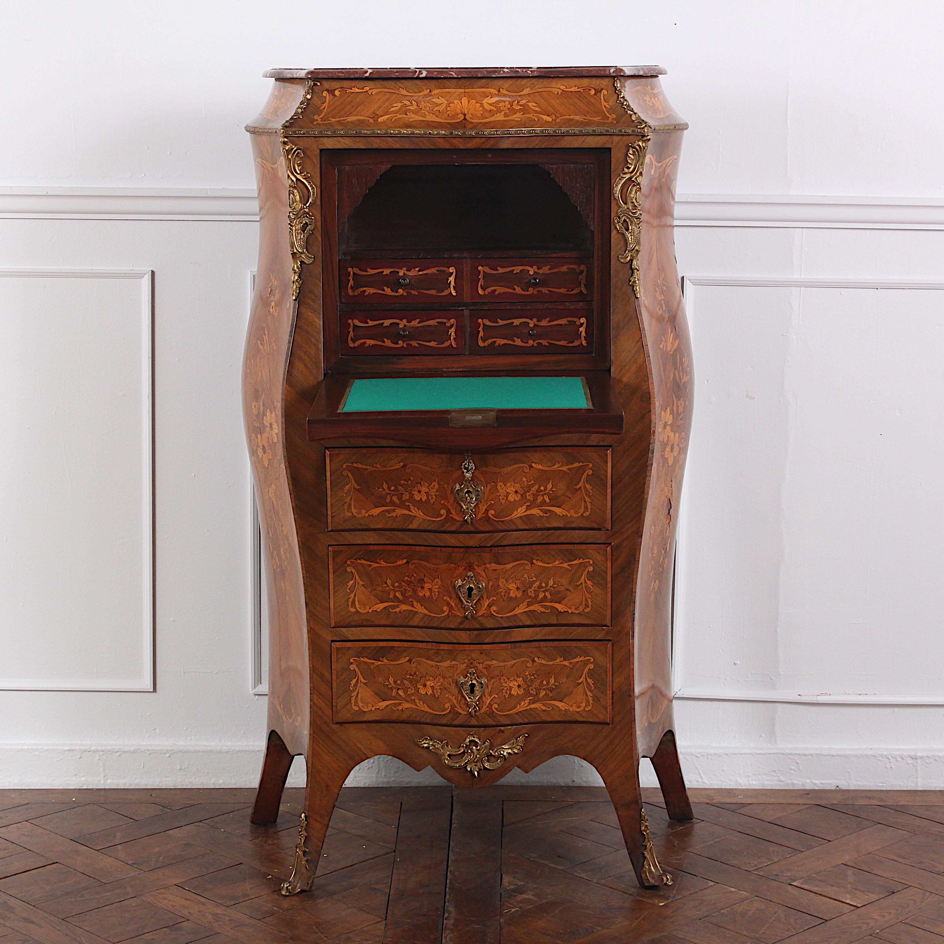 Early 20th Century French Highly-Inlaid Bombe Louis XV Style Secrétaire