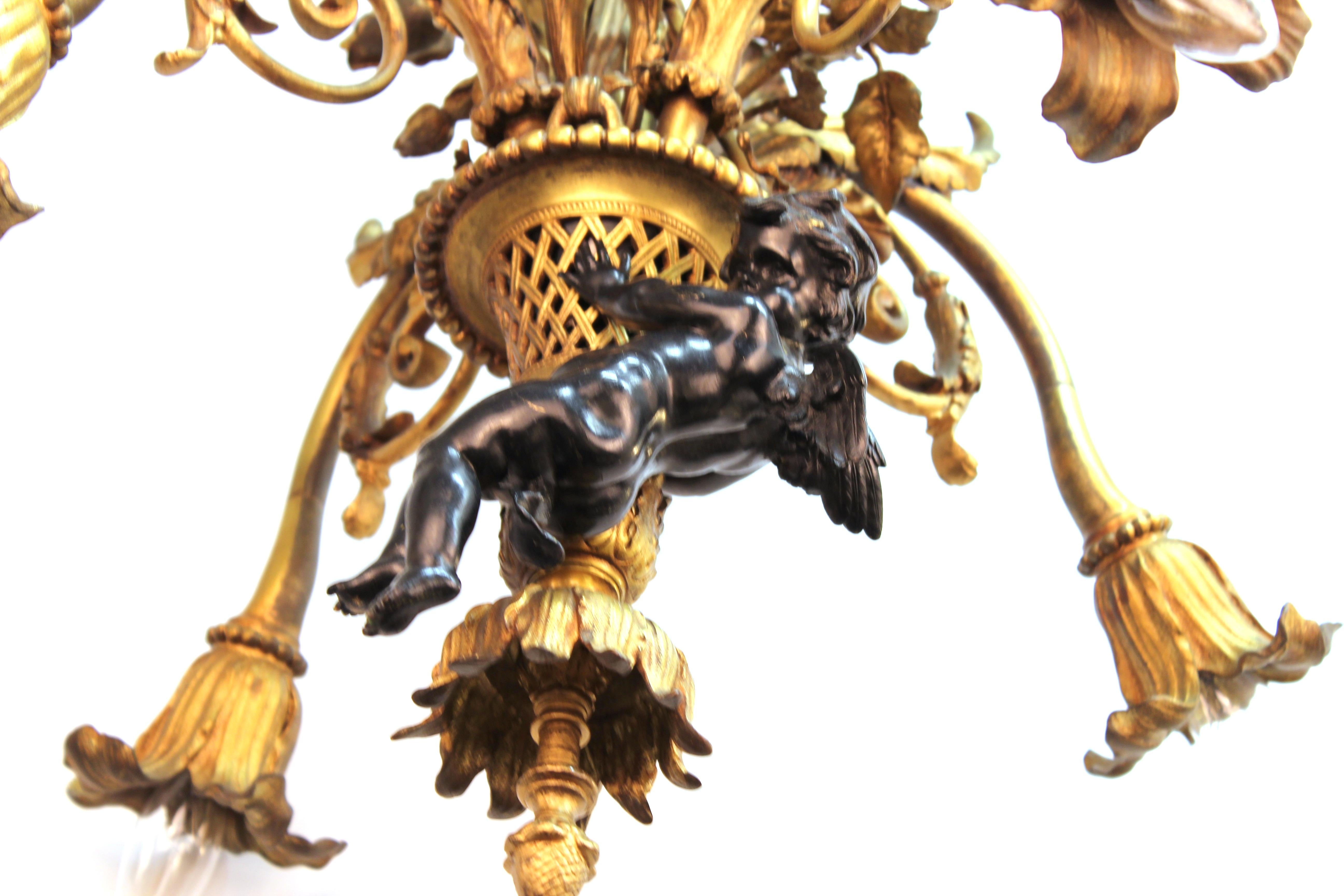 19th Century French Historicist Bronze Chandelier with Eagle and Putti