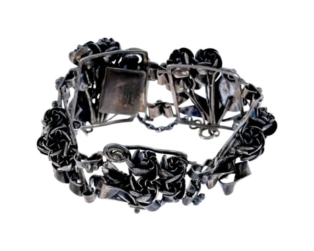 French Hobe Floral Design Sterling Silver Bracelet In Good Condition For Sale In New York, NY