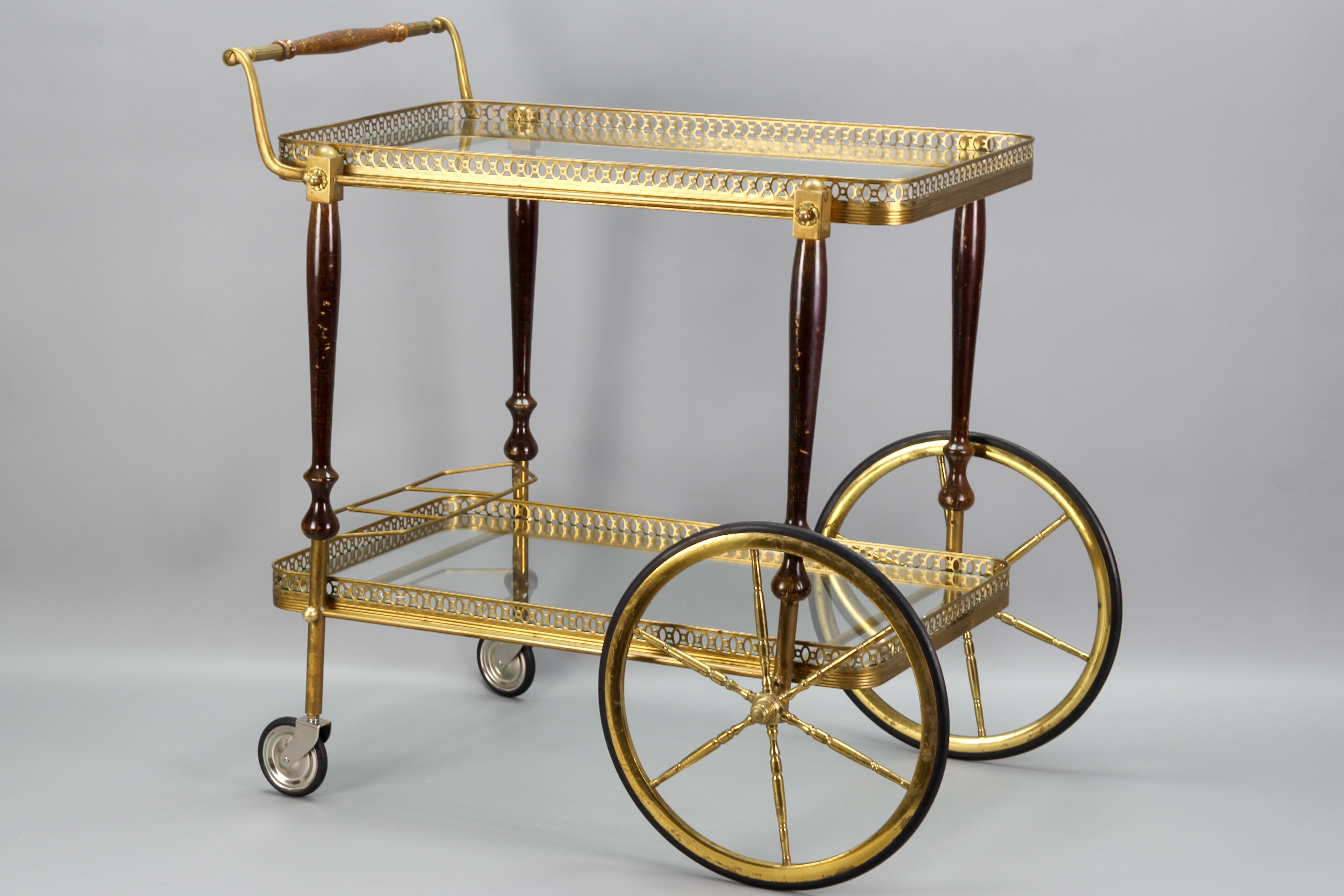 French Hollywood Regency Brass and Glass Bar Cart Drinks Trolley 13
