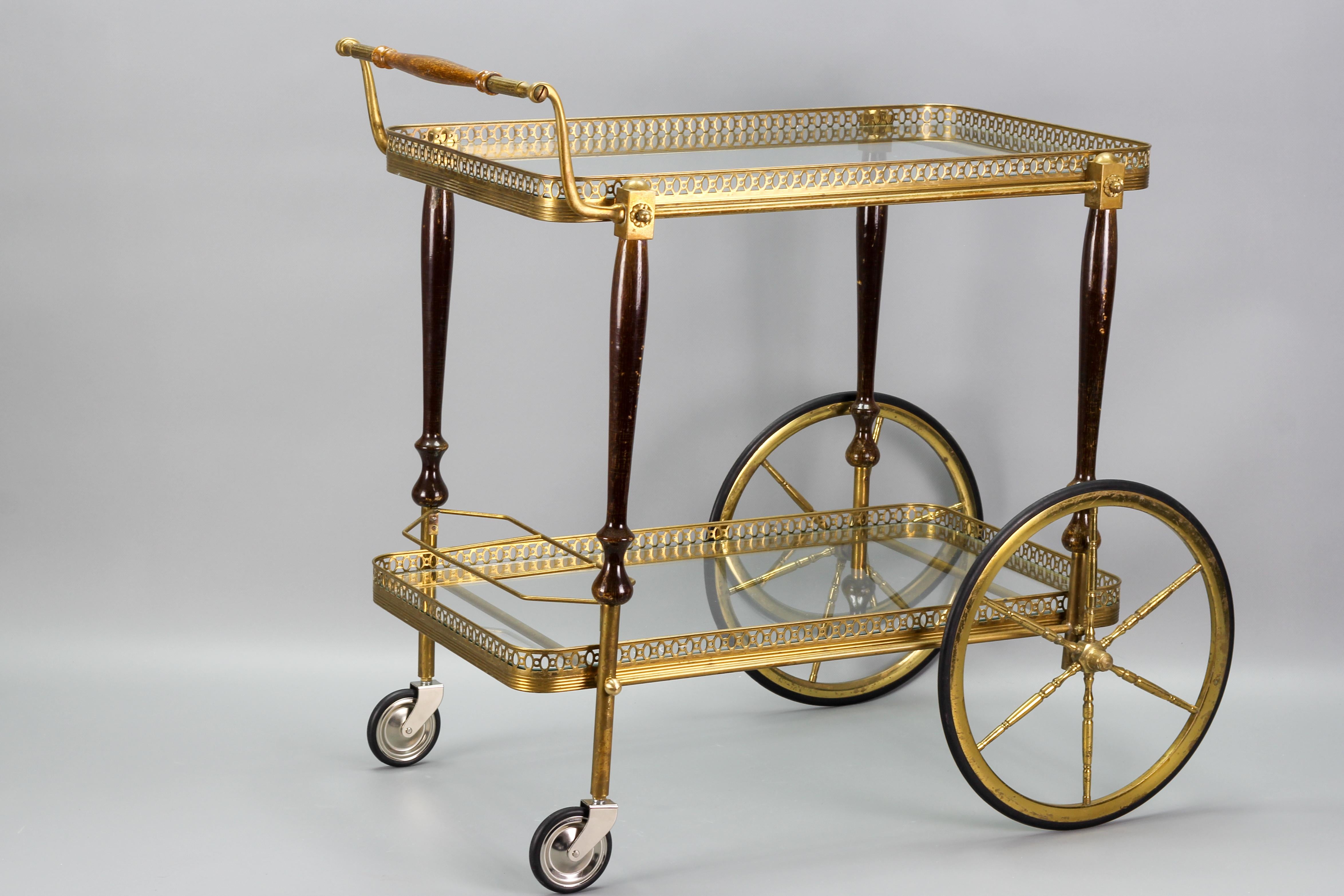 Metal French Hollywood Regency Brass and Glass Bar Cart Drinks Trolley