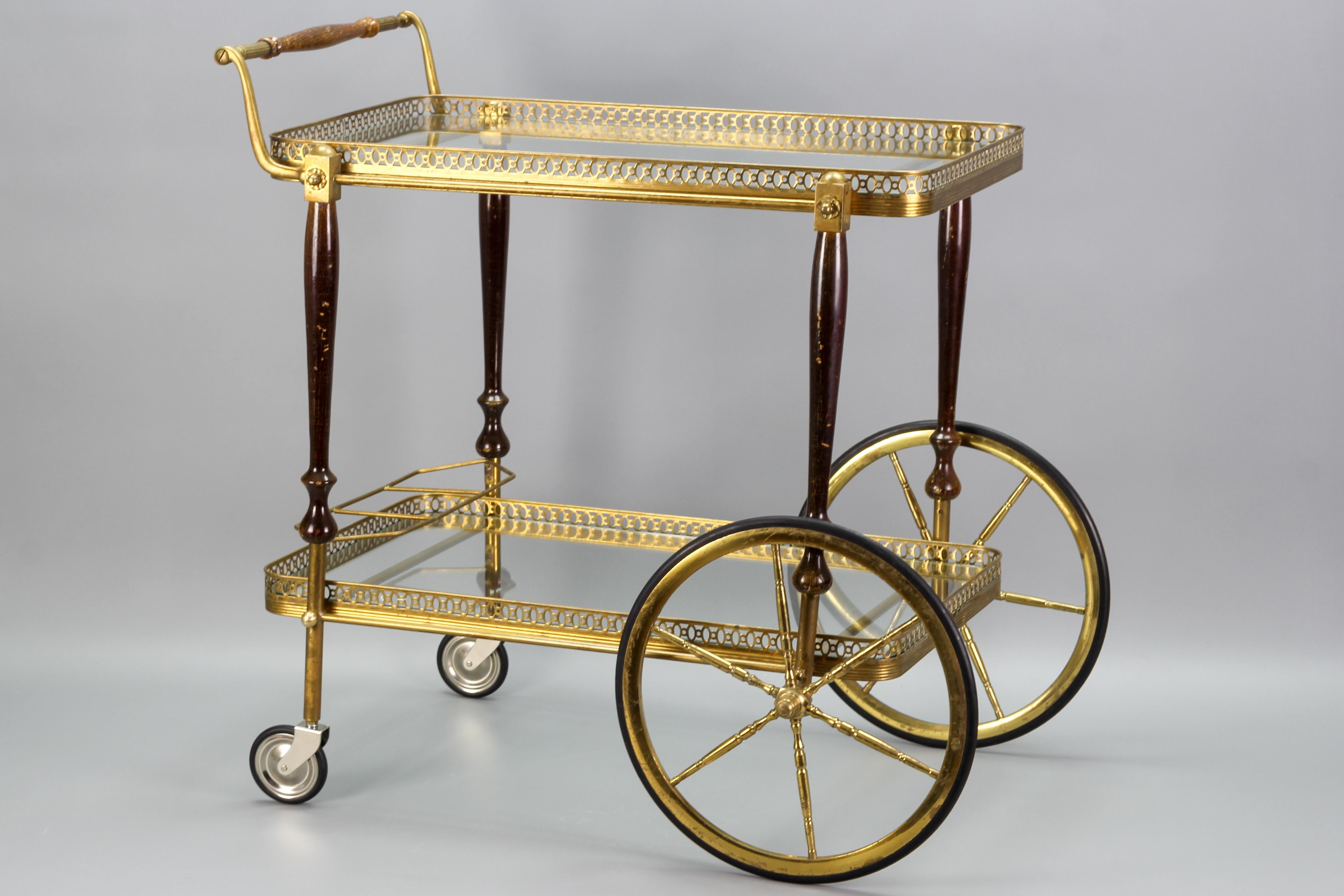 French Hollywood Regency Brass and Glass Bar Cart Drinks Trolley 2