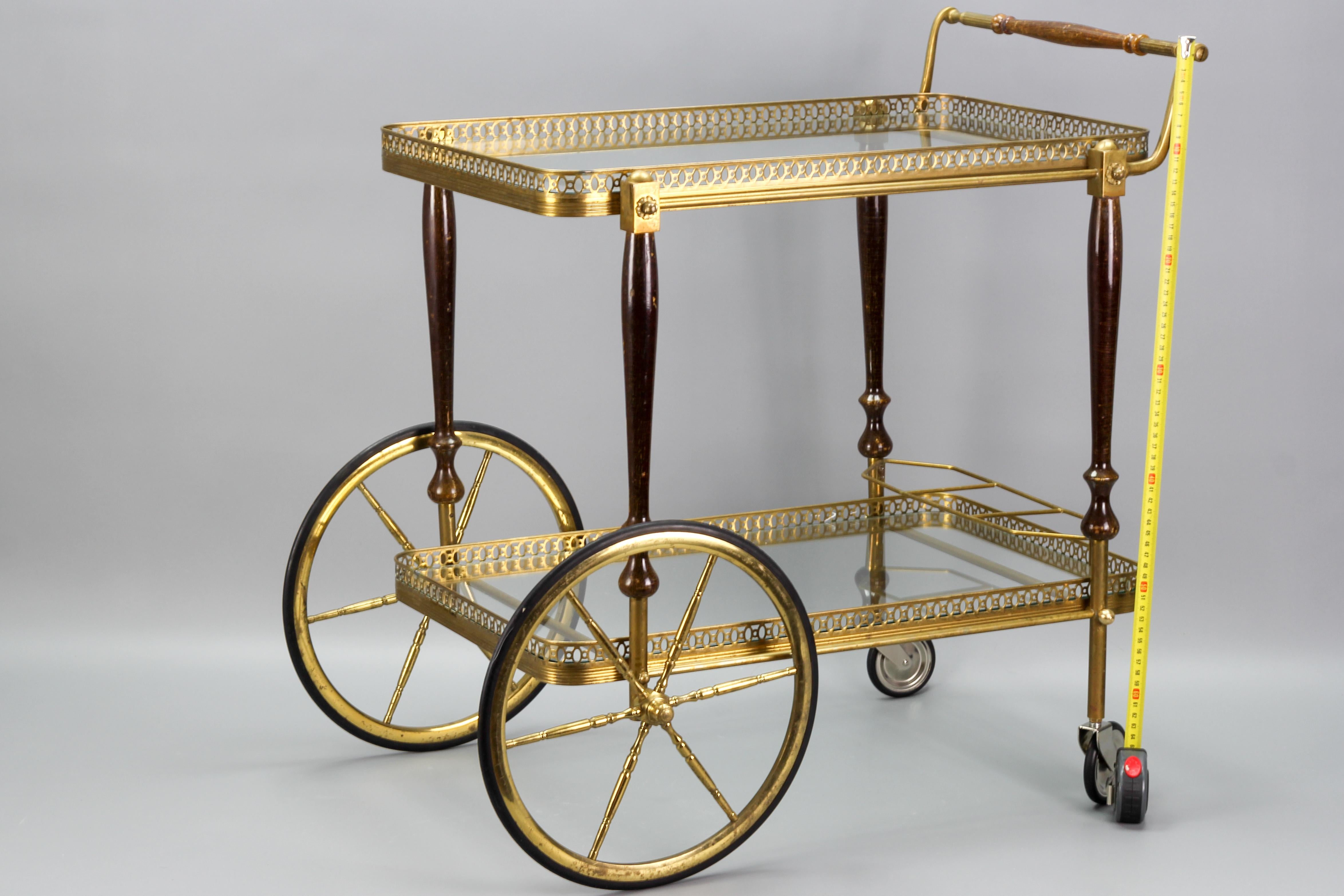 French Hollywood Regency Brass and Glass Bar Cart Drinks Trolley 4