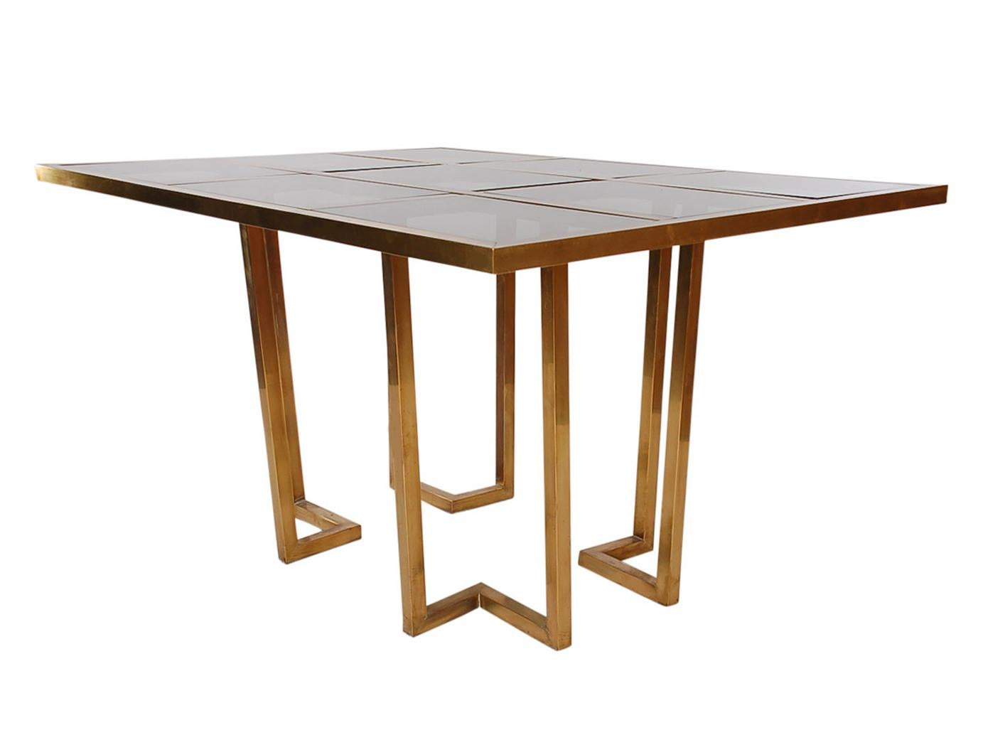 French Hollywood Regency Brass and Glass Grid Dining Table after Mastercraft In Good Condition In Philadelphia, PA
