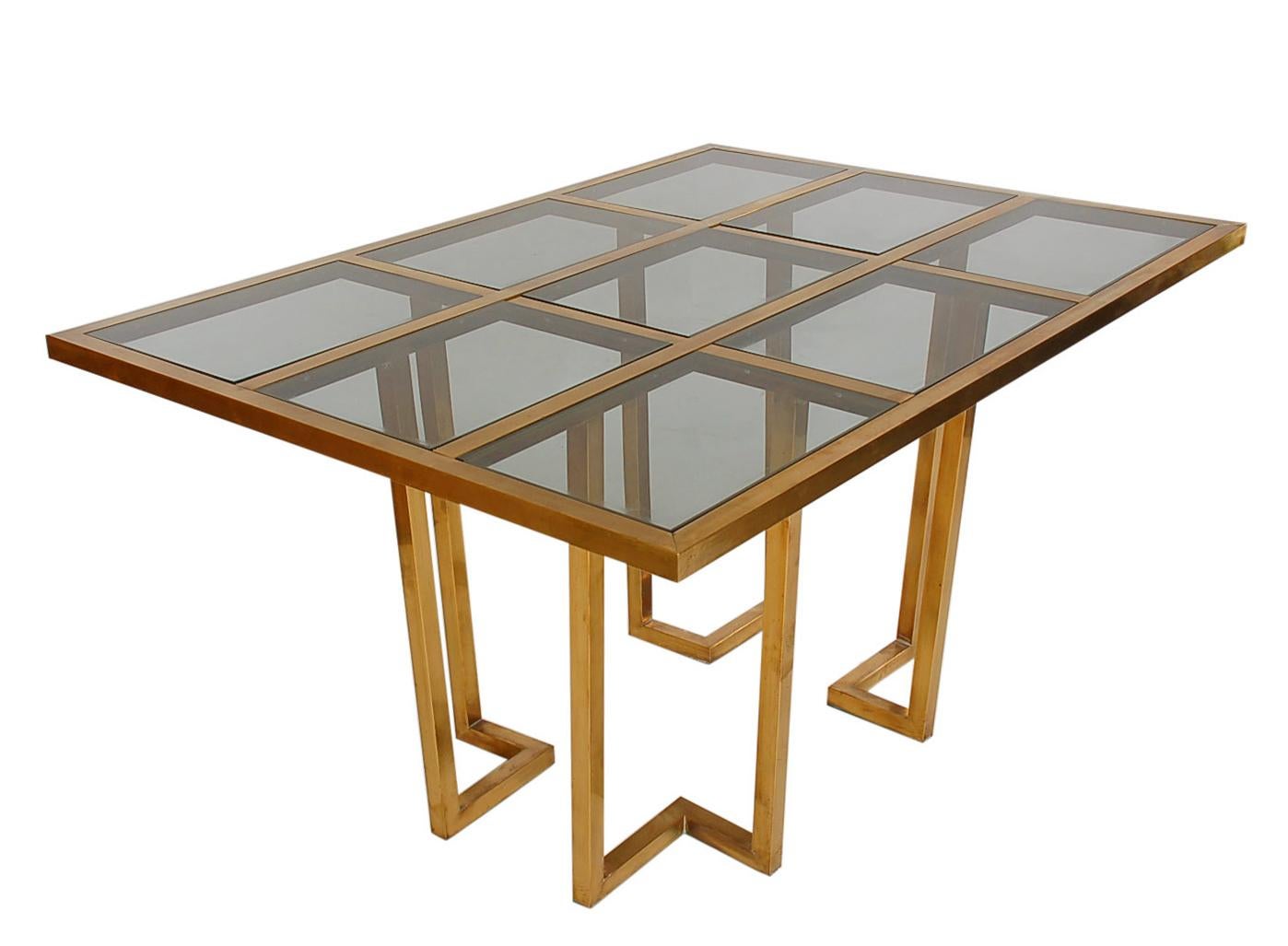 Mid-20th Century French Hollywood Regency Brass and Glass Grid Dining Table after Mastercraft