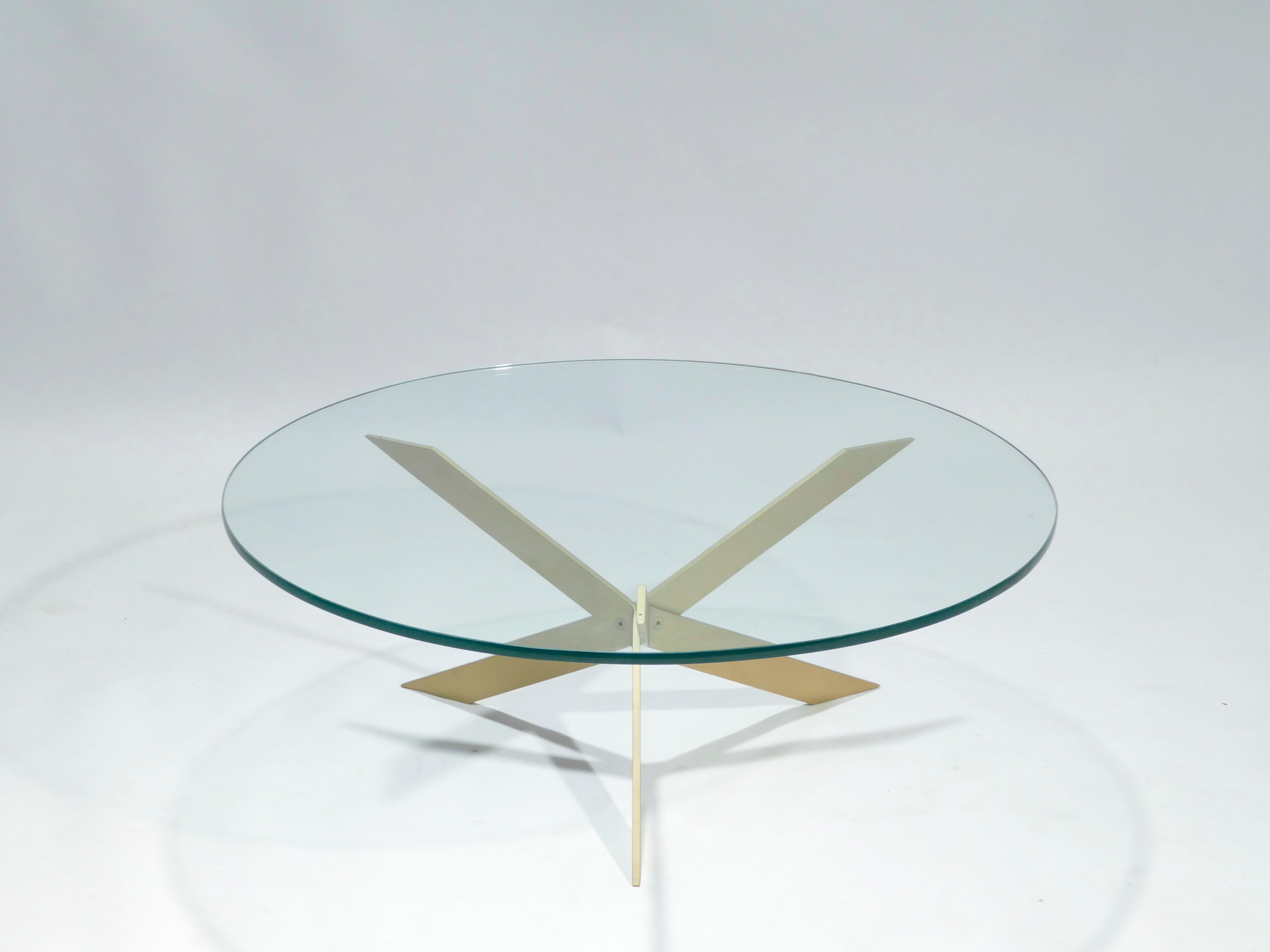 Late 20th Century French Hollywood Regency Brass Glass Top Coffee Table, 1970s