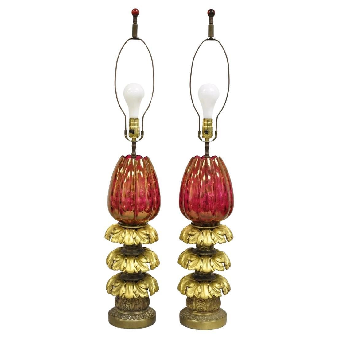 French Hollywood Regency Bronze Leafy Plume & Cranberry Glass Table Lamp - Pair