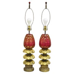 French Hollywood Regency Bronze Leafy Plume & Cranberry Glass Table Lamp - Pair