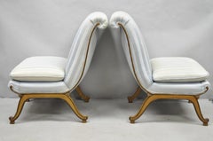 French Hollywood Regency Carved Walnut Rolled Back Slipper Lounge Chair - a Pair