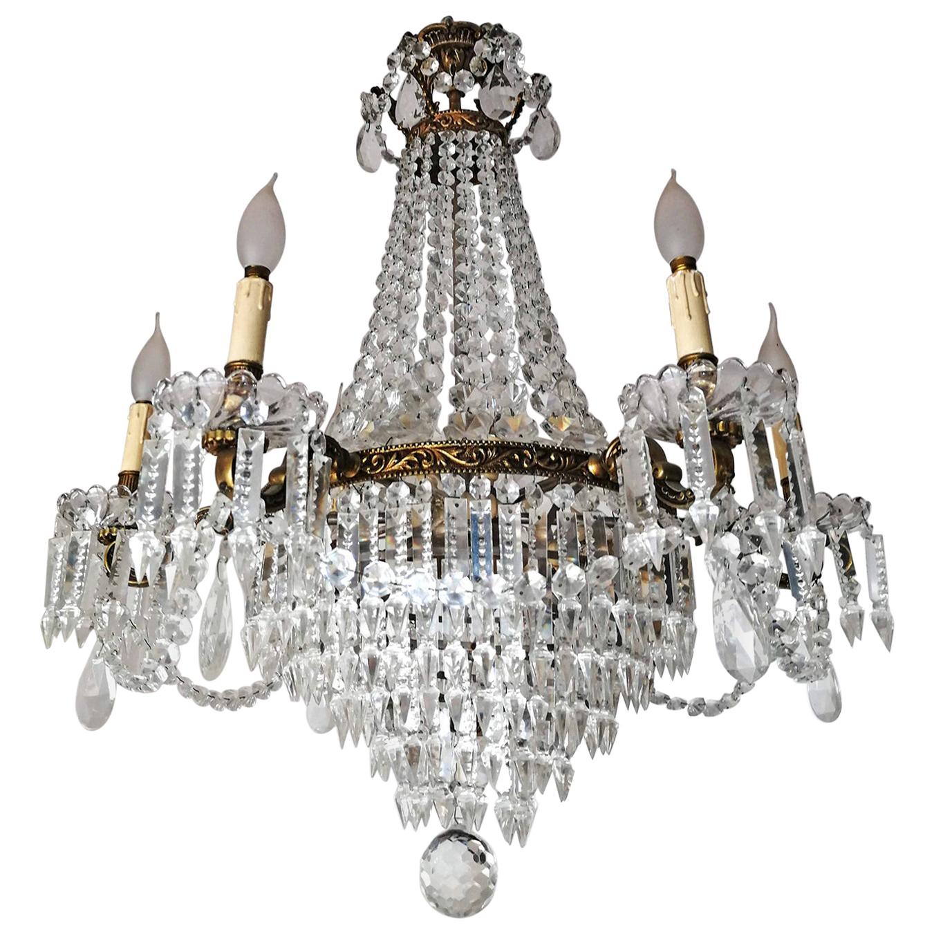 French Hollywood Regency Empire Gilt Bronze Crystal Garlands 12-Light Chandelier