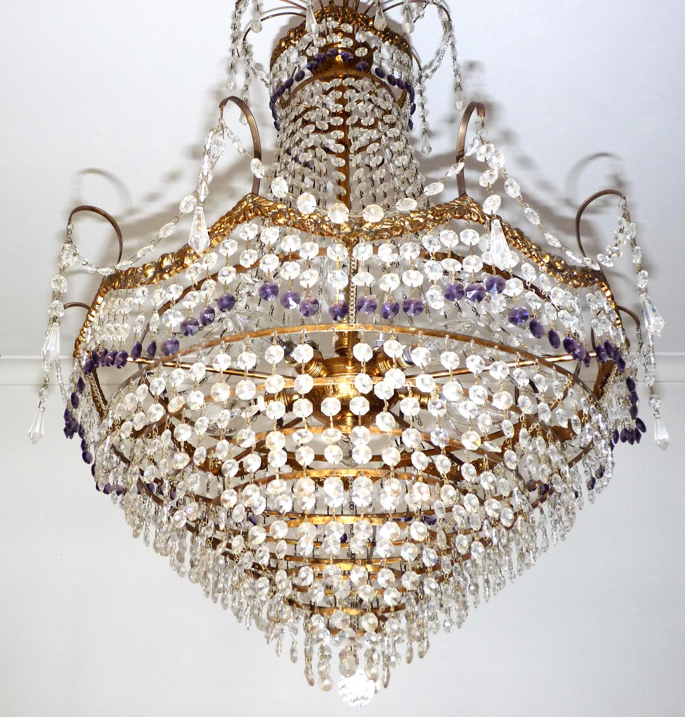 Gilt French Hollywood Regency Empire, Amethyst Cut Crystal & Bronze 8 Light Chandelier For Sale