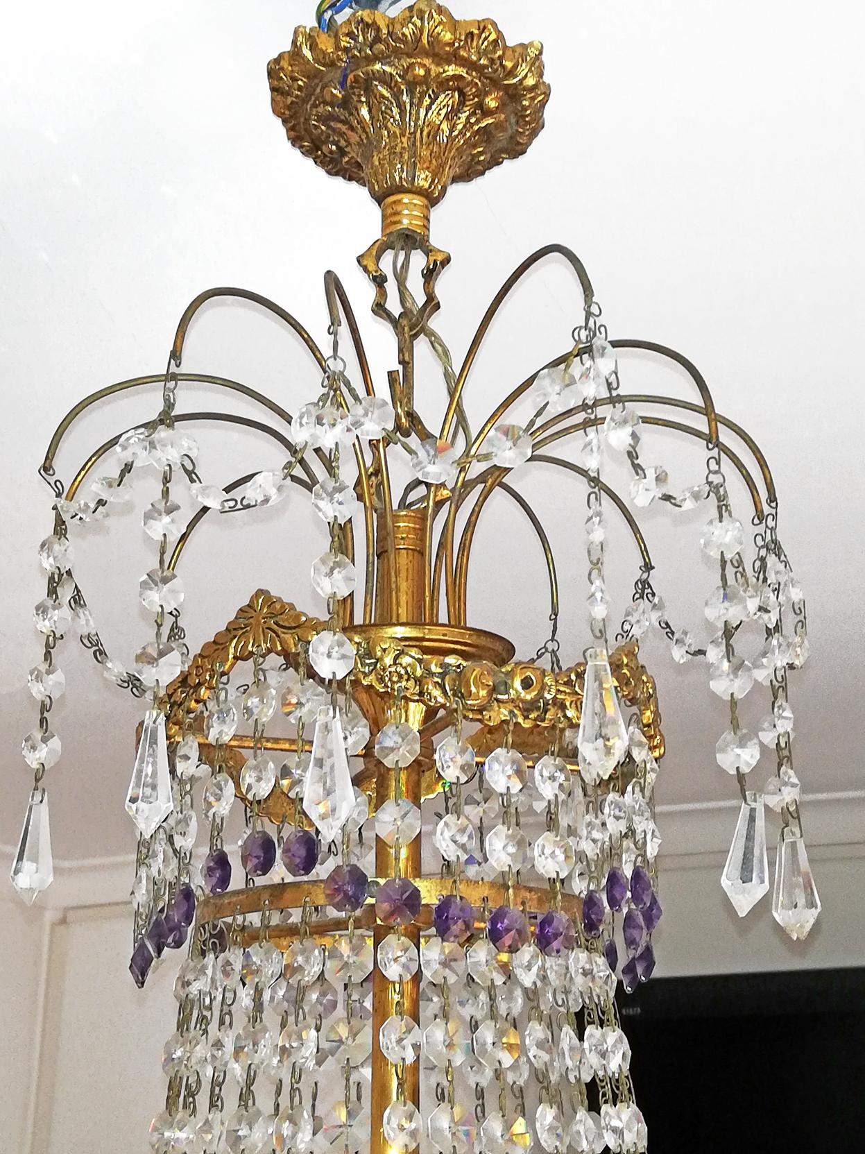 French Hollywood Regency Empire, Amethyst Cut Crystal & Bronze 8 Light Chandelier For Sale 1