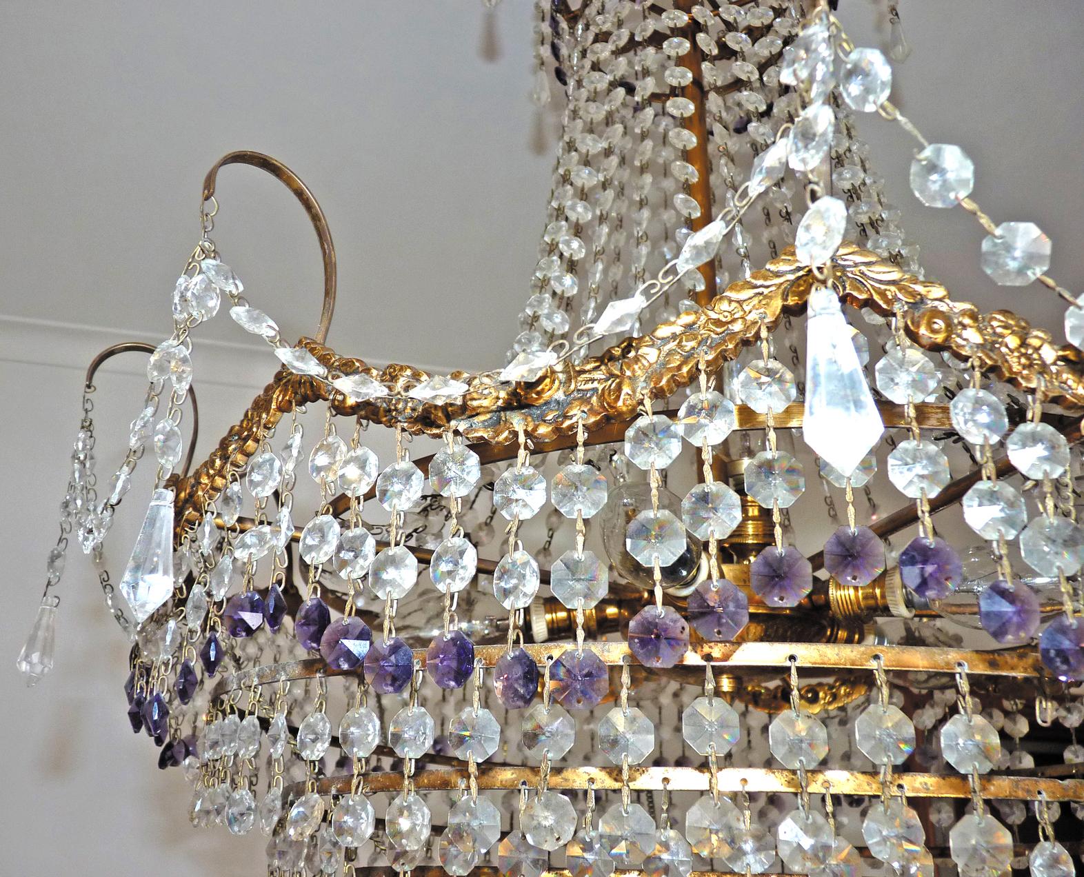 French Hollywood Regency Empire, Amethyst Cut Crystal & Bronze 8 Light Chandelier For Sale 2