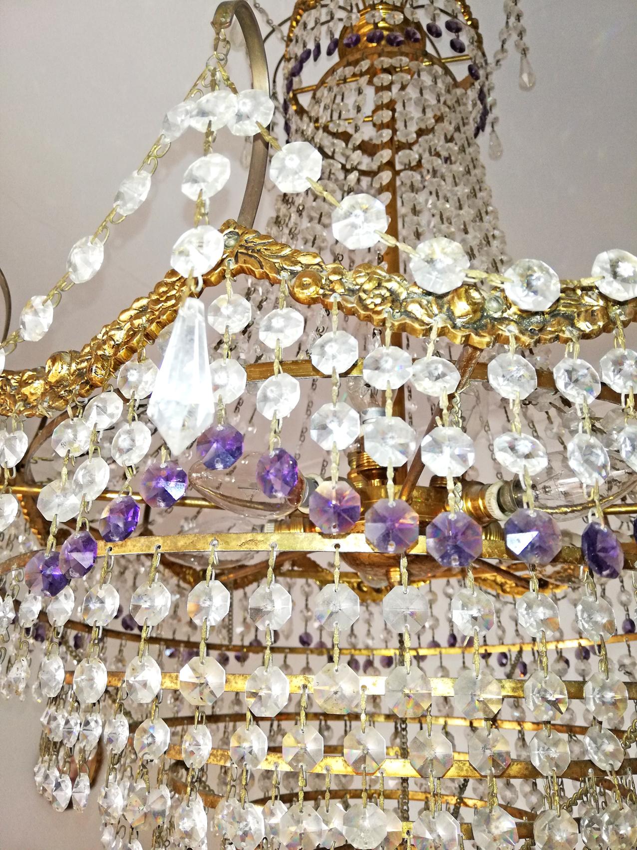 French Hollywood Regency Empire, Amethyst Cut Crystal & Bronze 8 Light Chandelier For Sale 3