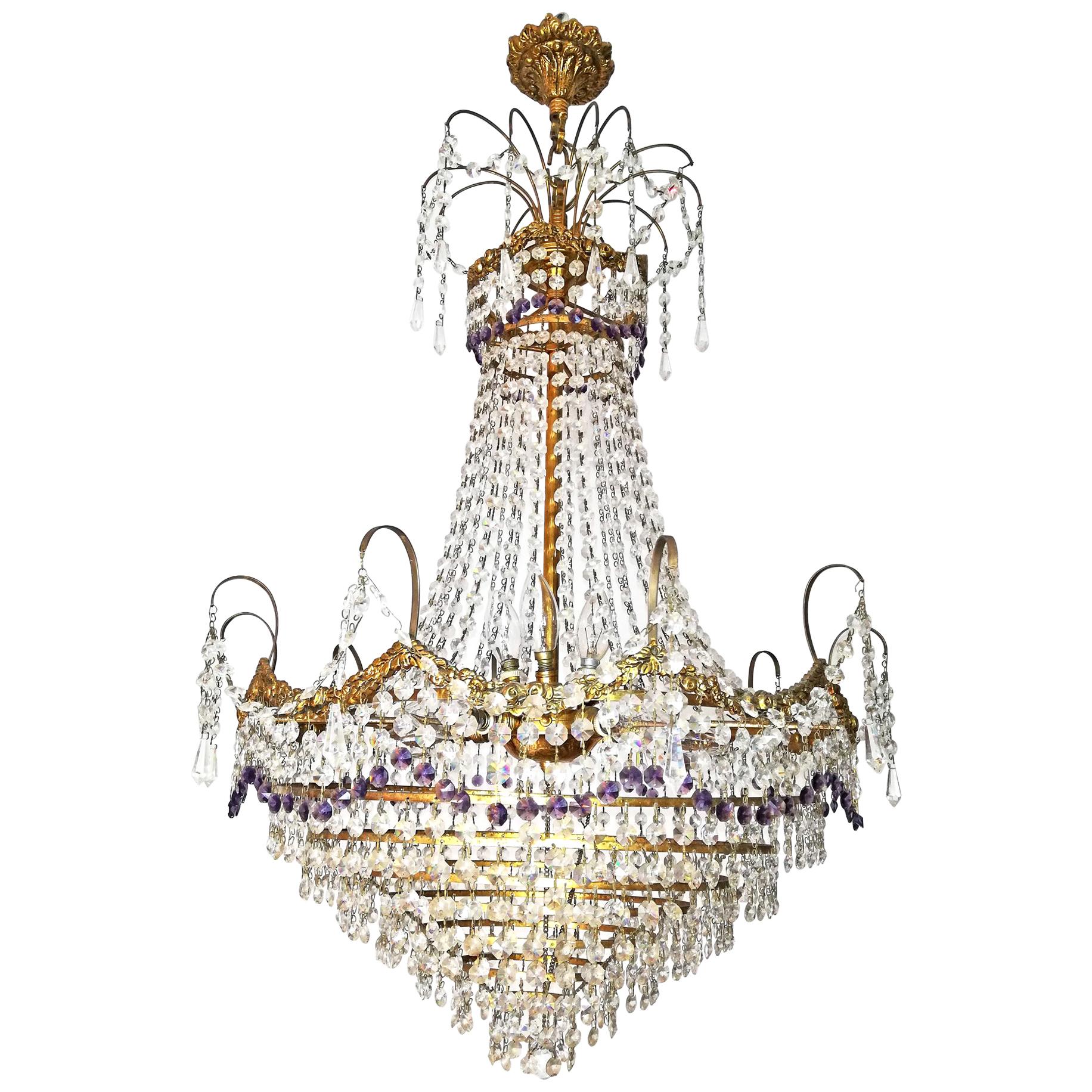 French Hollywood Regency Empire,Amethyst Cut Crystal & Bronze 8 Light Chandelier